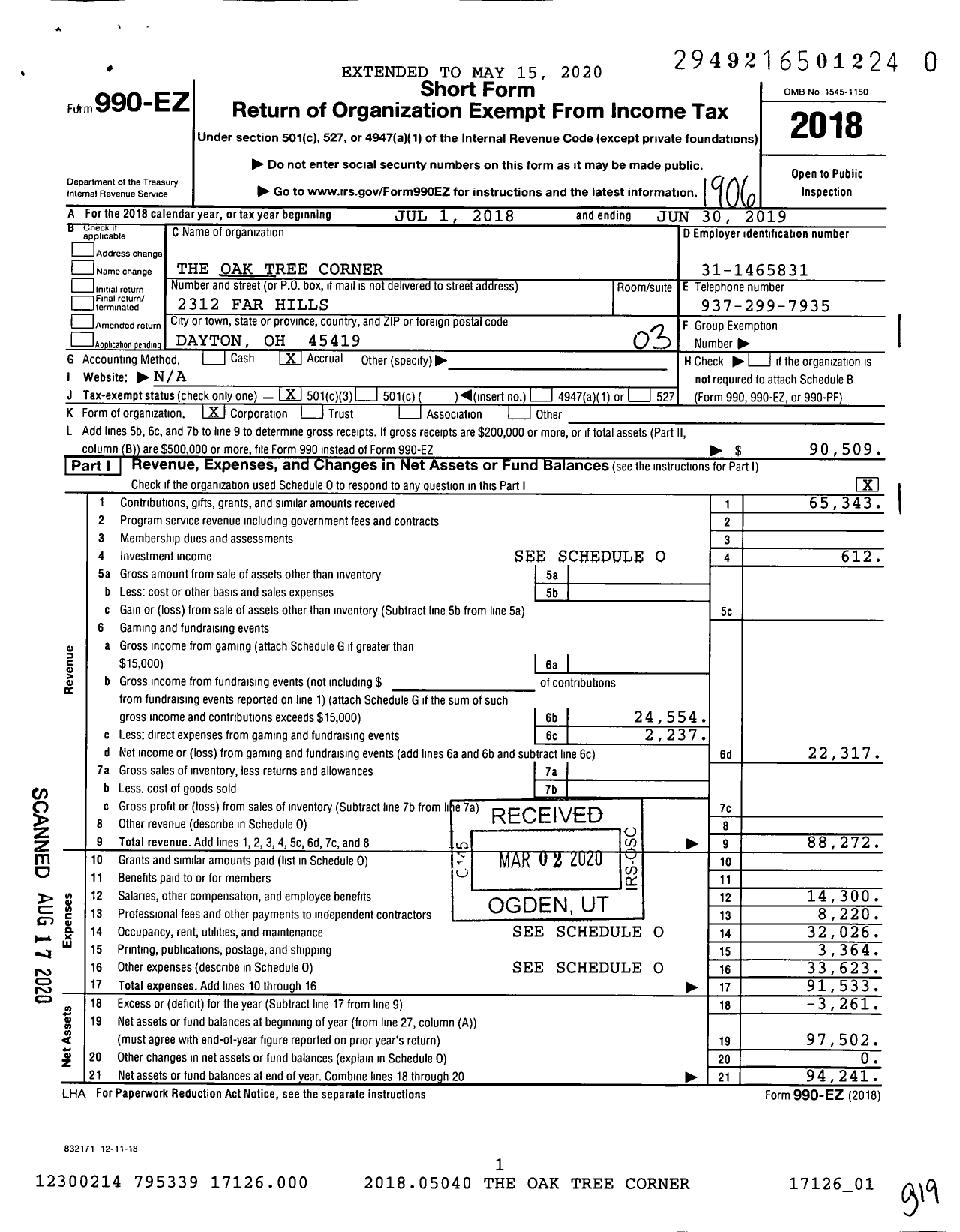 Image of first page of 2018 Form 990EZ for The Oak Tree Corner