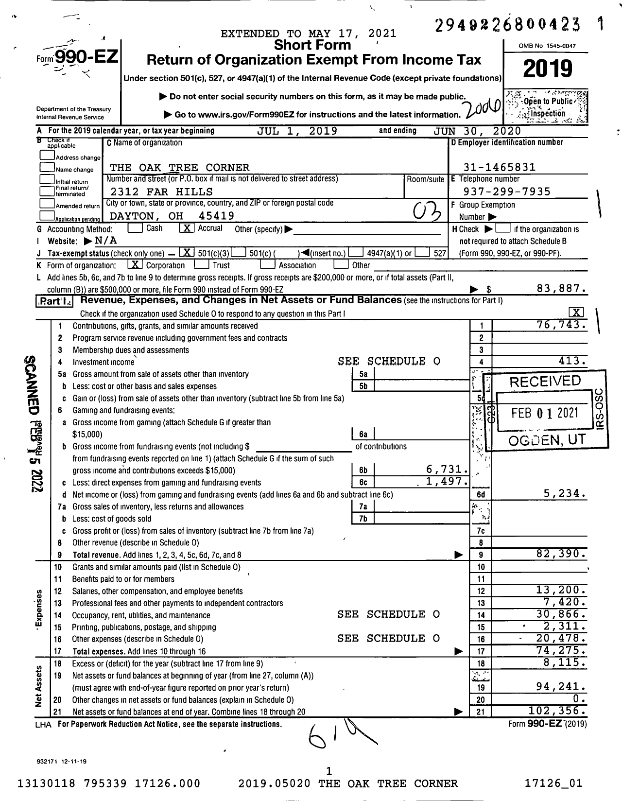 Image of first page of 2019 Form 990EZ for The Oak Tree Corner