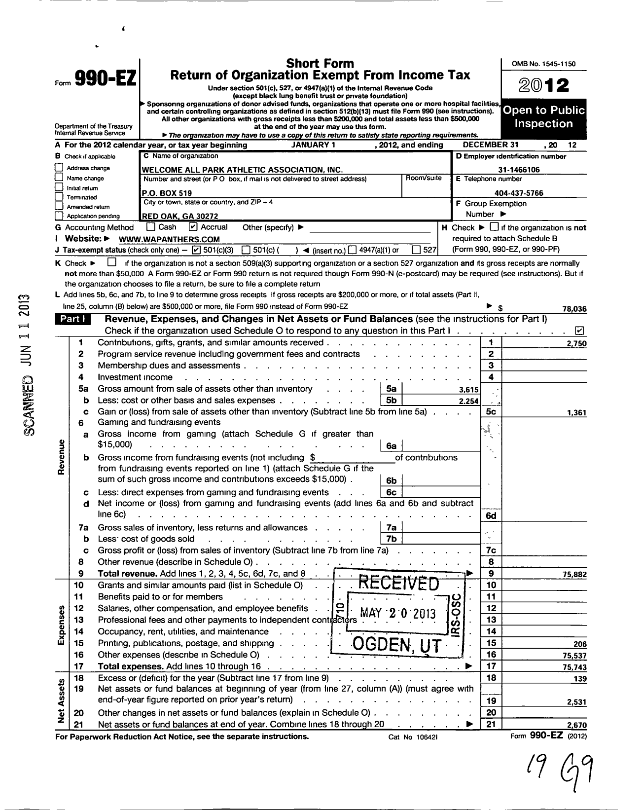 Image of first page of 2012 Form 990EZ for Welcome All Park Athletic Association