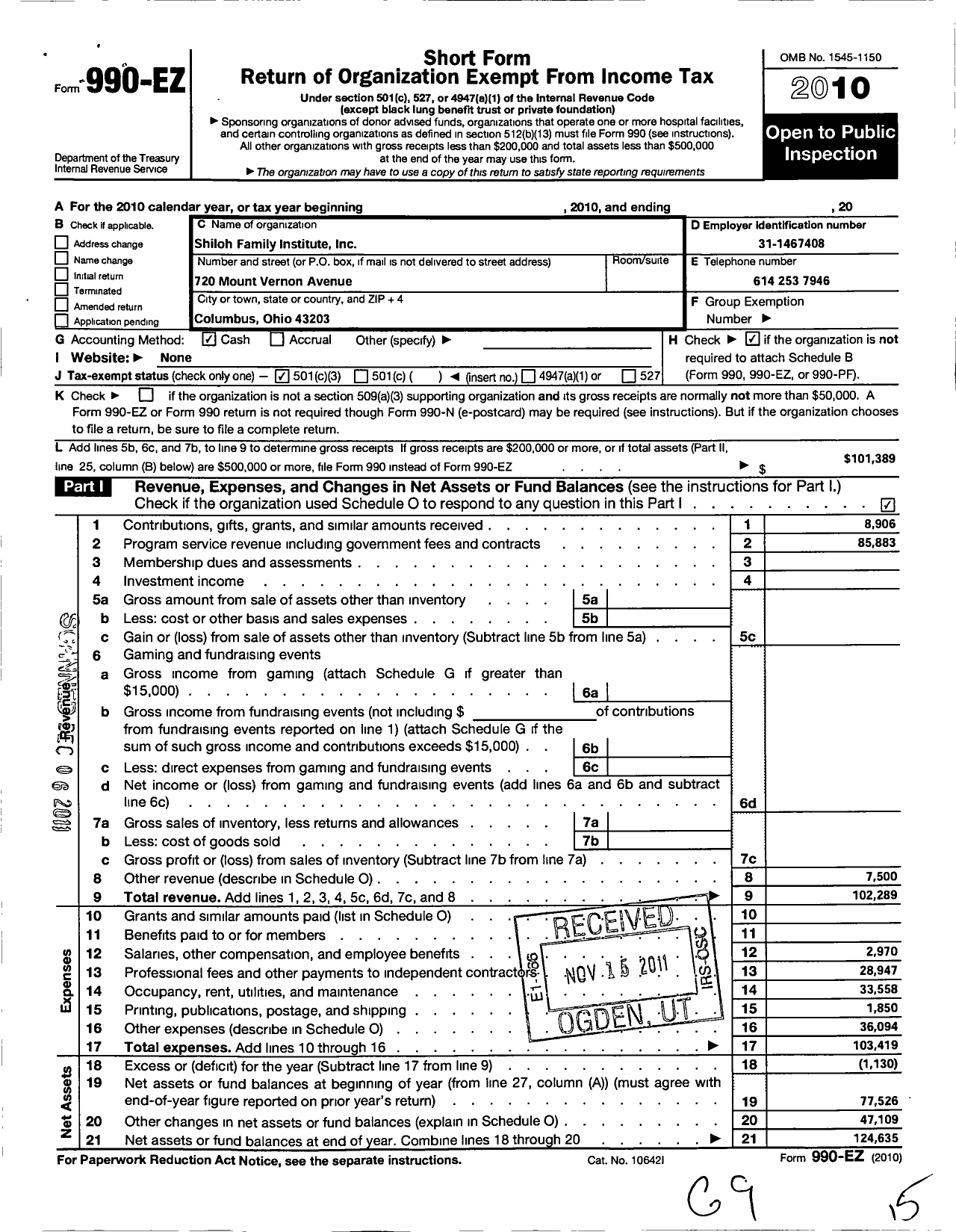 Image of first page of 2010 Form 990EZ for Shiloh Family Institute