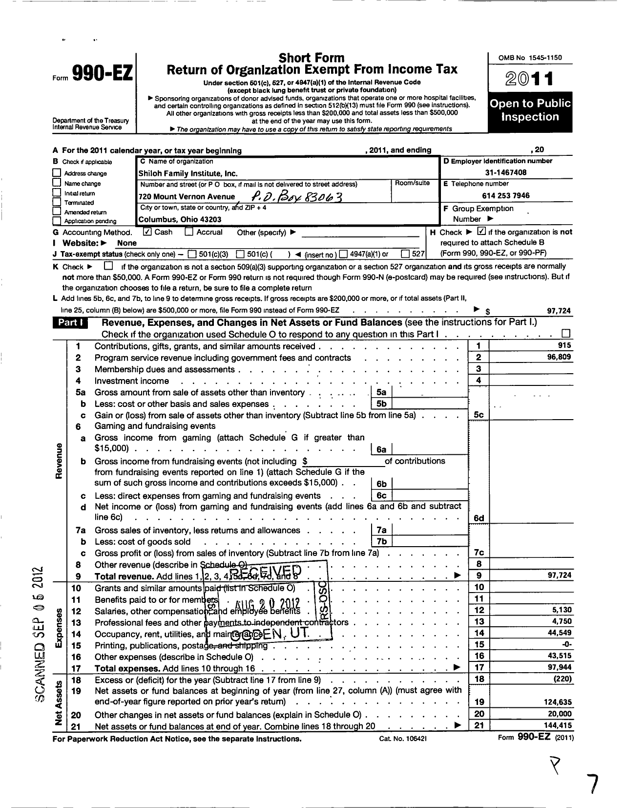 Image of first page of 2011 Form 990EO for Shiloh Family Institute