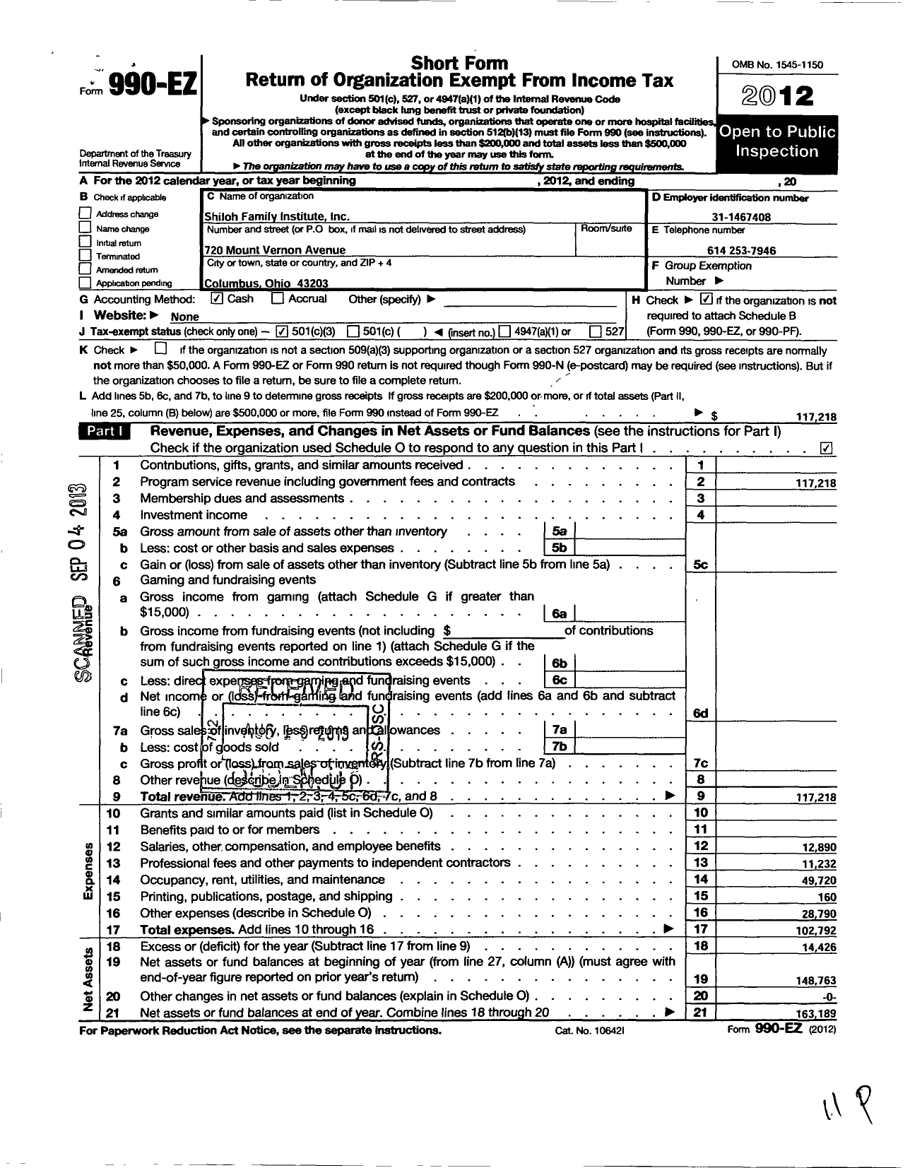 Image of first page of 2012 Form 990EZ for Shiloh Family Institute