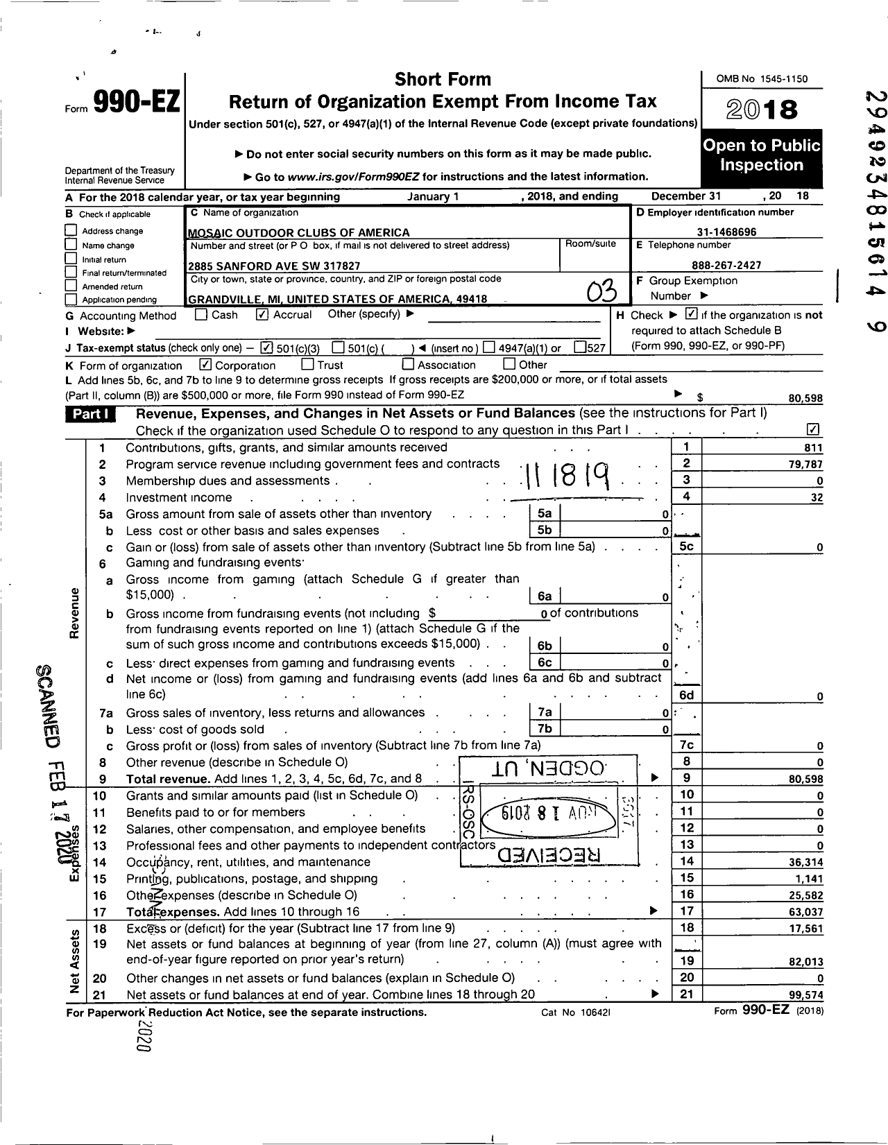 Image of first page of 2018 Form 990EZ for Mosaic Outdoor Clubs of America