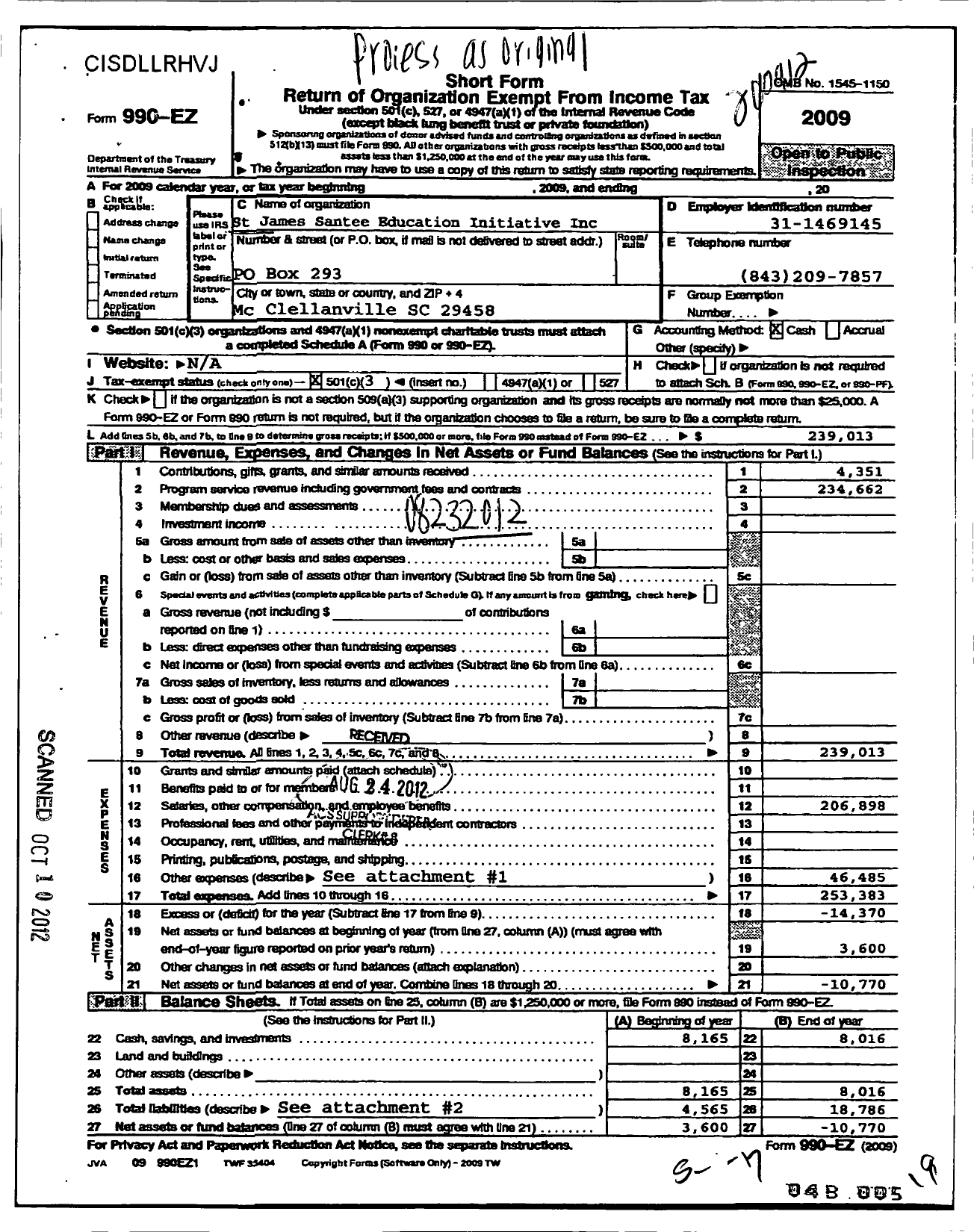 Image of first page of 2009 Form 990EZ for St James-Santee Education Initiative