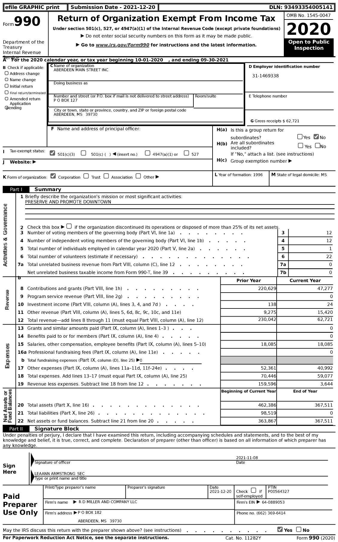 Image of first page of 2020 Form 990 for Aberdeen Main Street