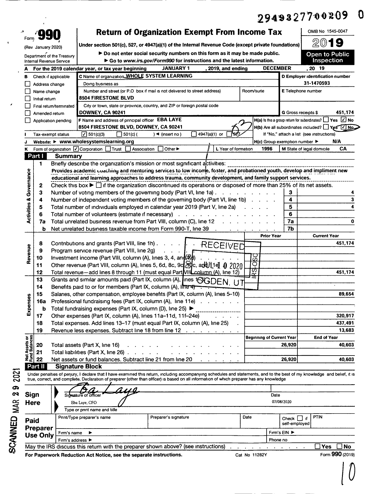 Image of first page of 2019 Form 990 for Whole Systems Learning