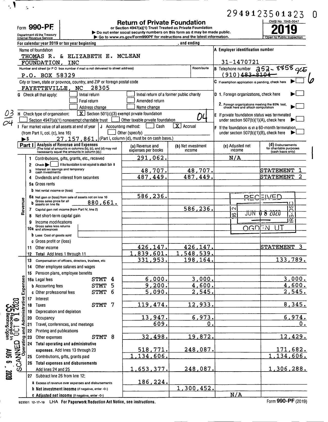 Image of first page of 2019 Form 990PR for Thomas R and Elizabeth E Mclean Foundation