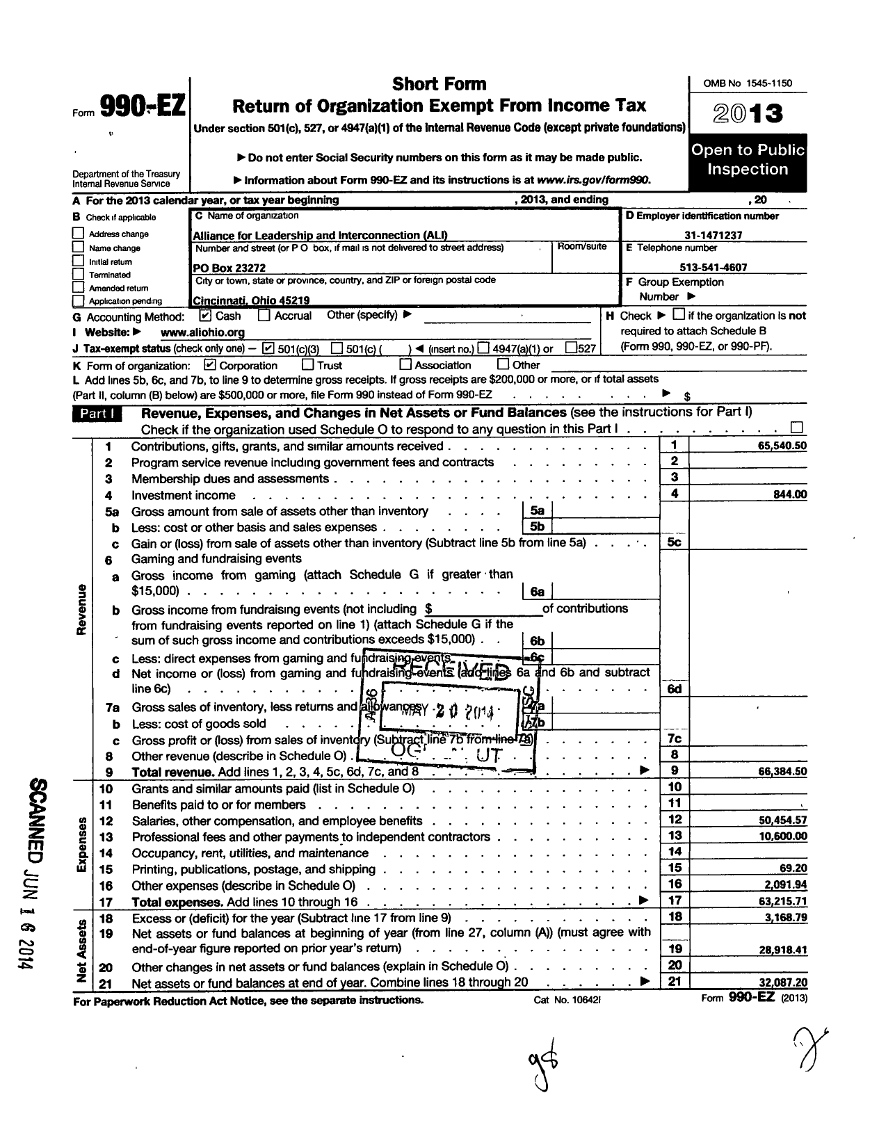 Image of first page of 2013 Form 990EZ for Alliance for Leadership and Interconnection (ALI)