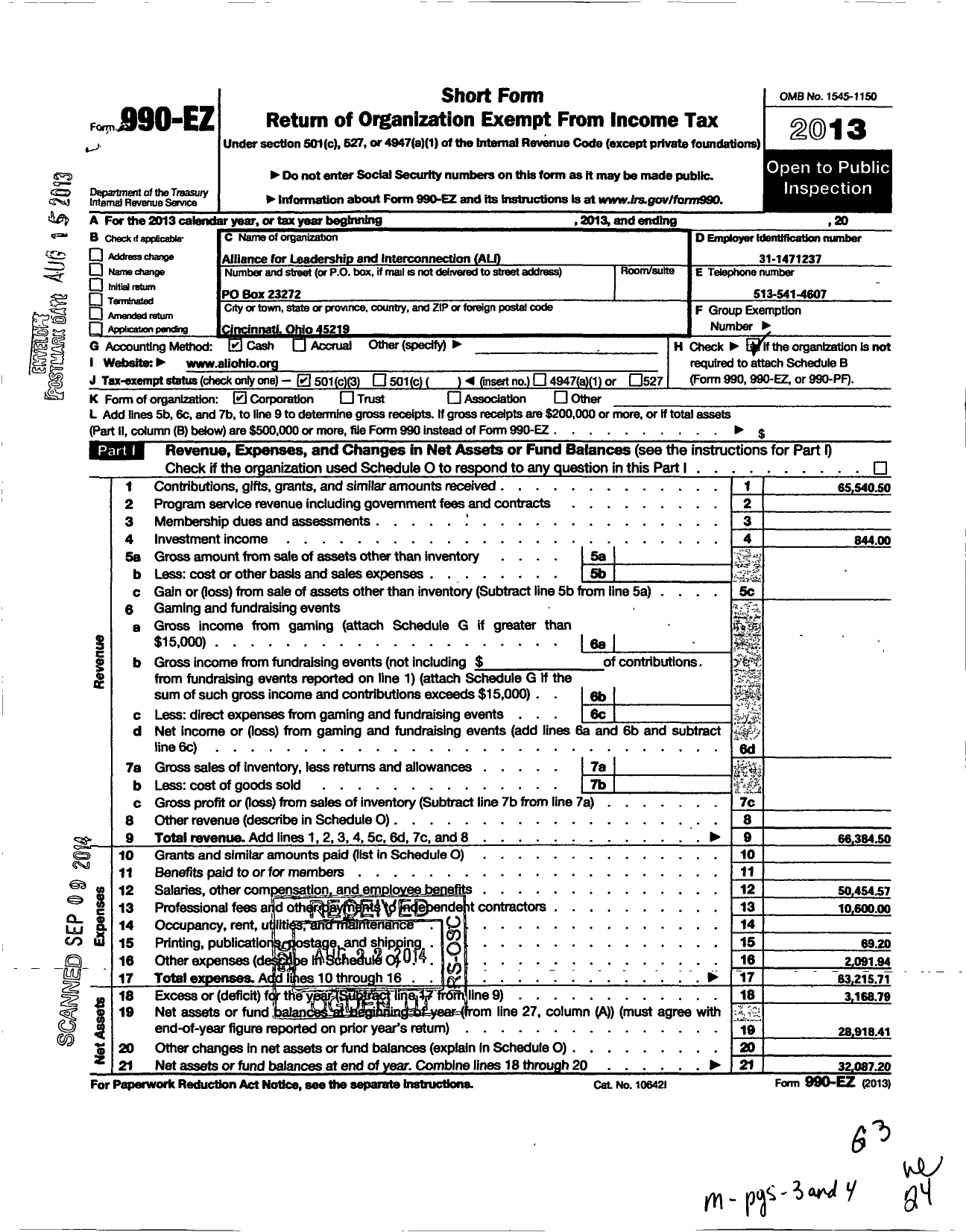 Image of first page of 2013 Form 990EZ for Alliance for Leadership and Interconnection (ALI)