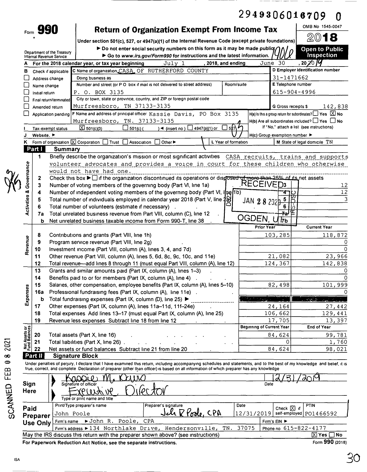 Image of first page of 2018 Form 990 for Casa of Rutherford County