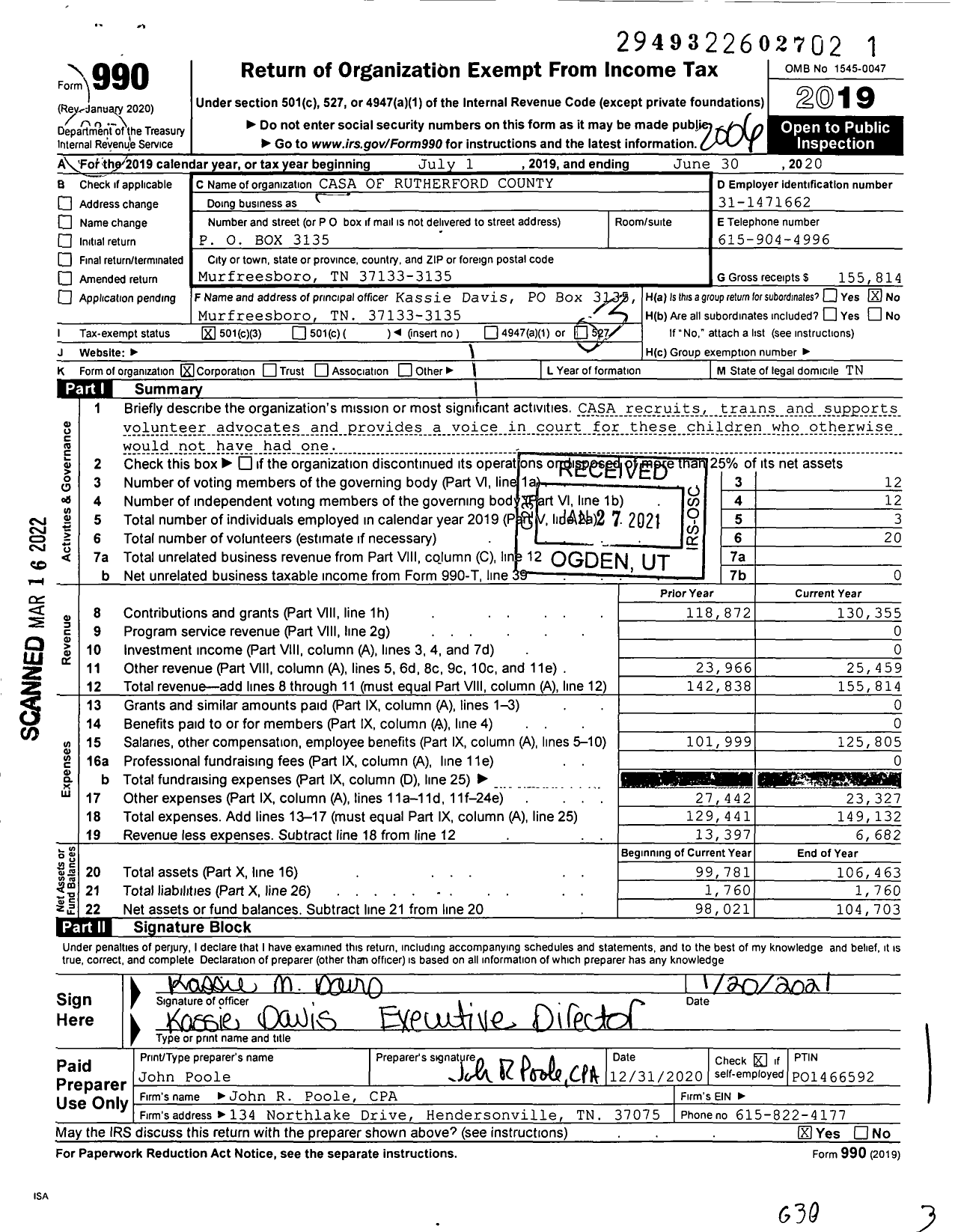 Image of first page of 2019 Form 990 for Casa of Rutherford County