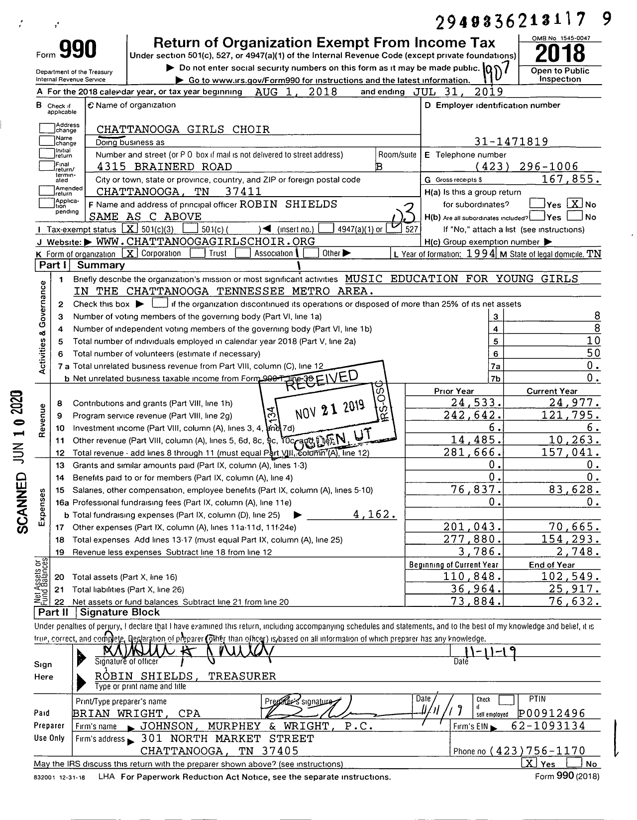 Image of first page of 2018 Form 990 for Chattanooga Girls Choir