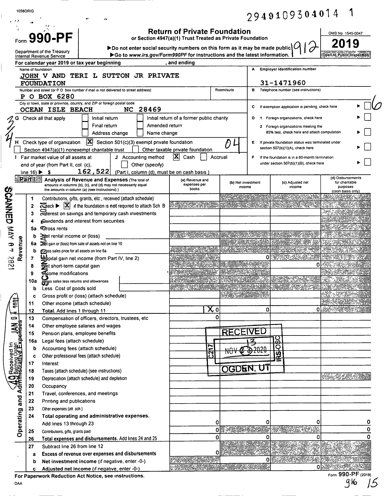 Image of first page of 2019 Form 990PF for John V and Teri L Sutton JR Private Foundation