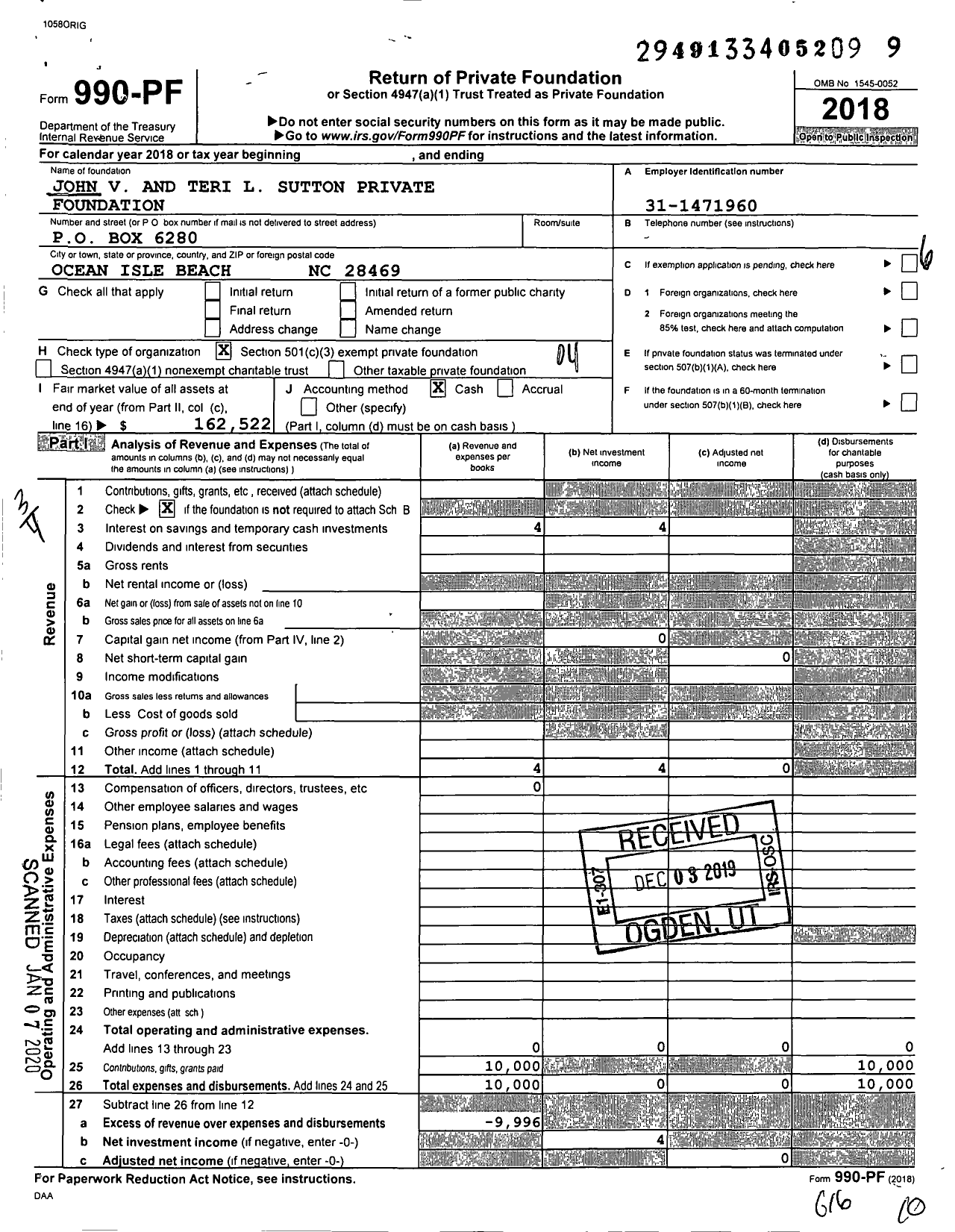 Image of first page of 2018 Form 990PF for John V and Teri L Sutton JR Private Foundation