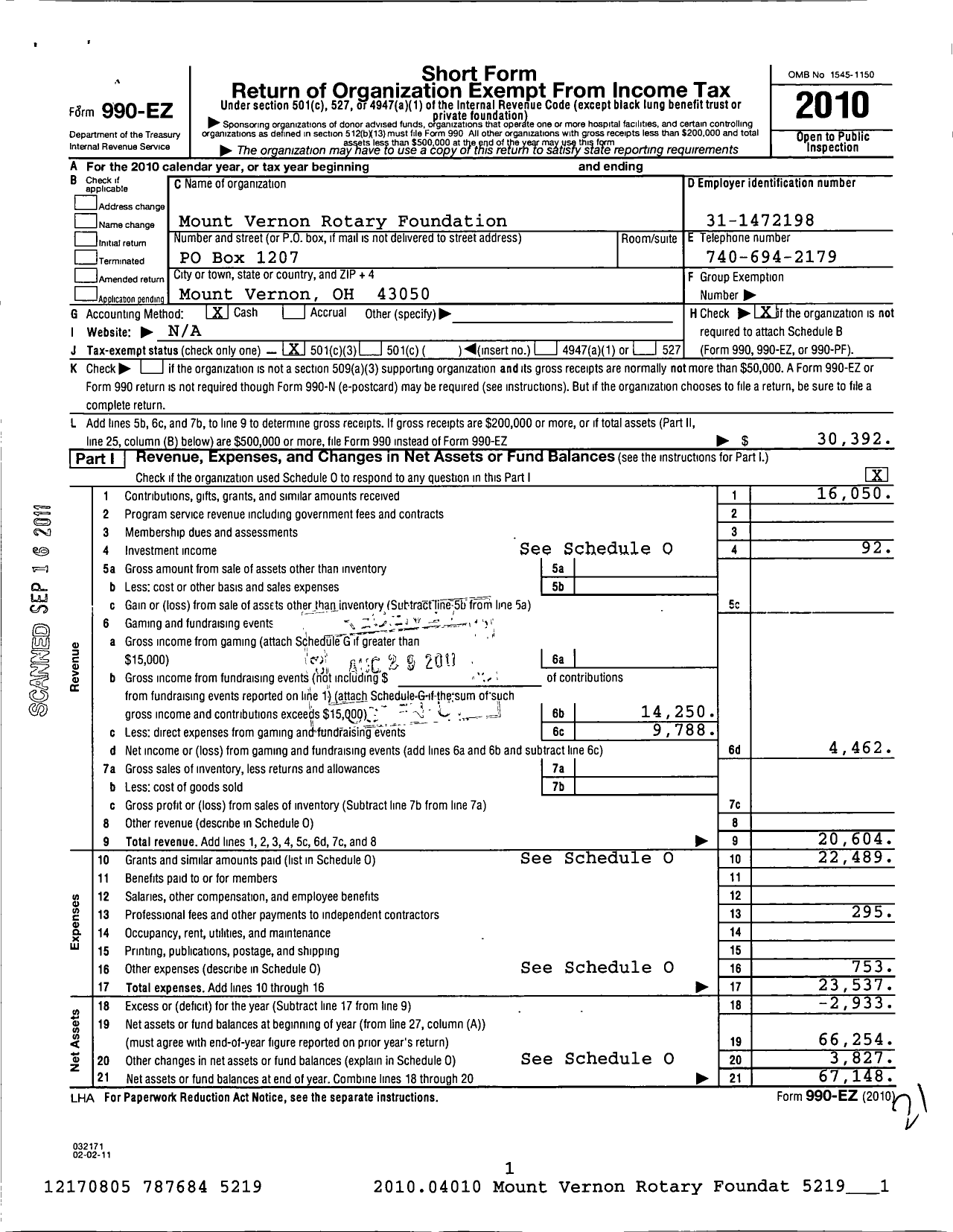 Image of first page of 2010 Form 990EZ for Mount Vernon Rotary Foundation