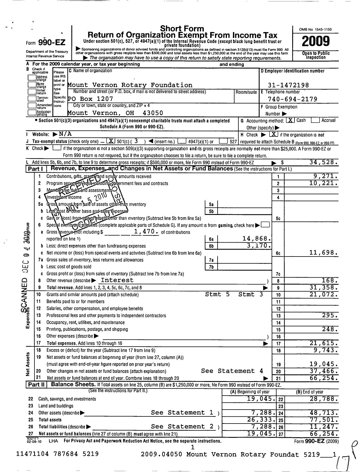 Image of first page of 2009 Form 990EZ for Mount Vernon Rotary Foundation