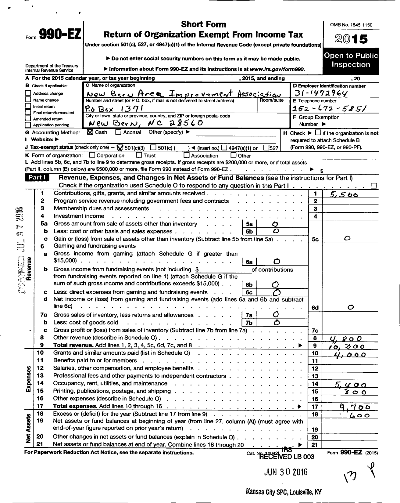 Image of first page of 2015 Form 990EZ for New Bern Area Improvement Association