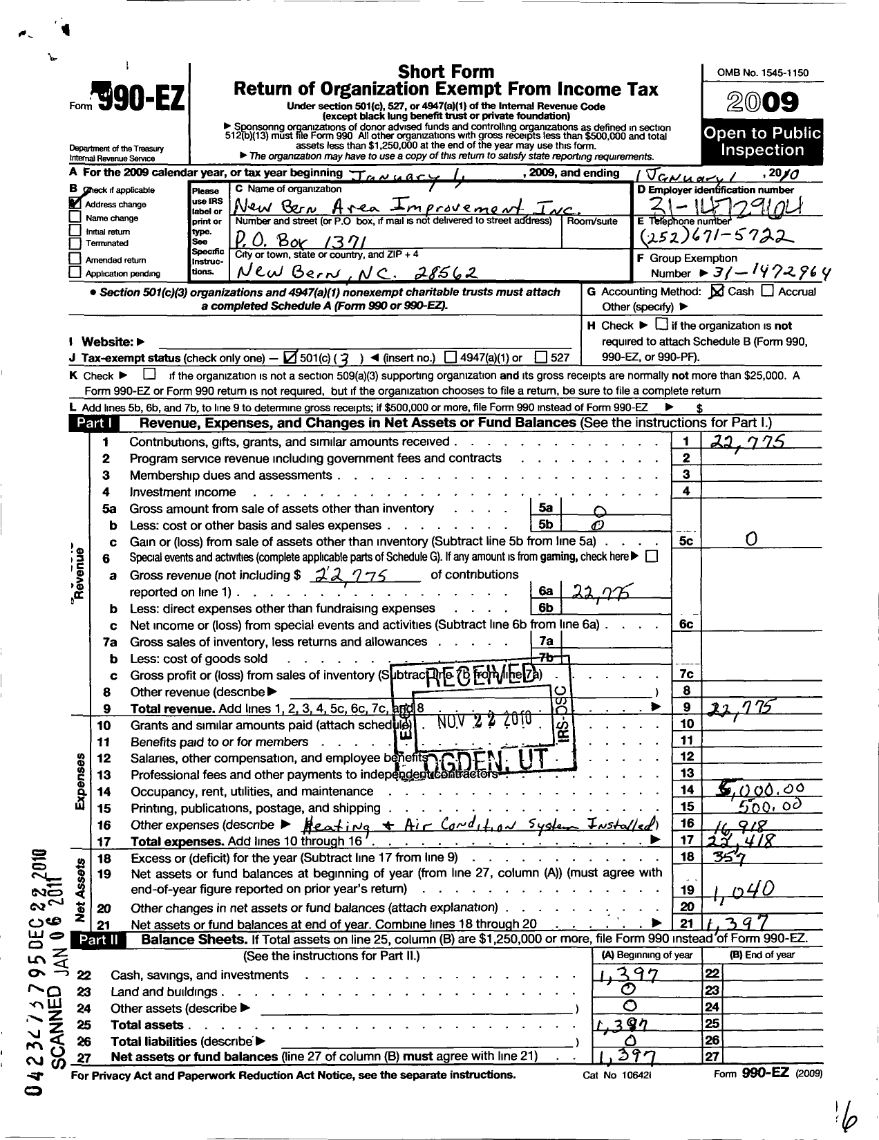 Image of first page of 2009 Form 990EZ for New Bern Area Improvement Association