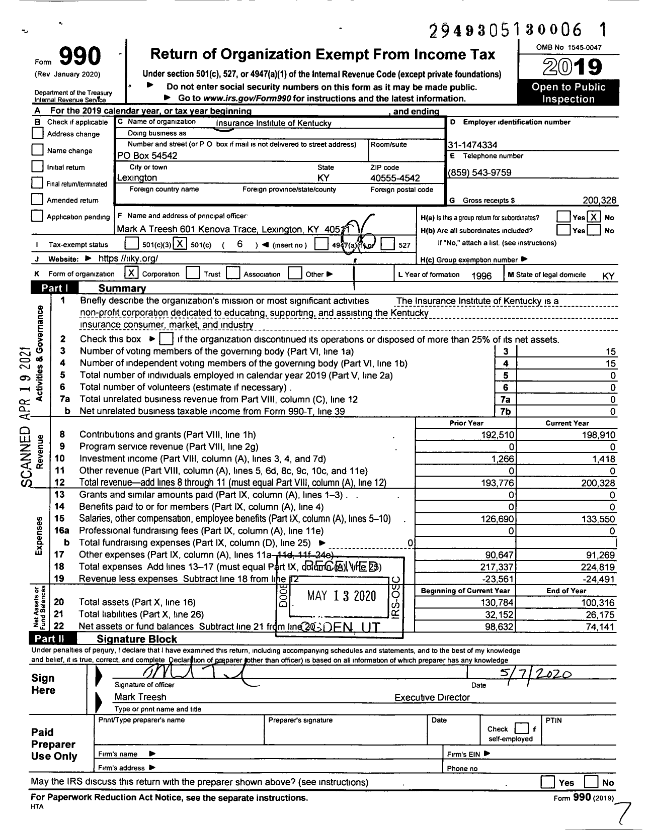 Image of first page of 2019 Form 990O for Insurance Institute of Kentucky