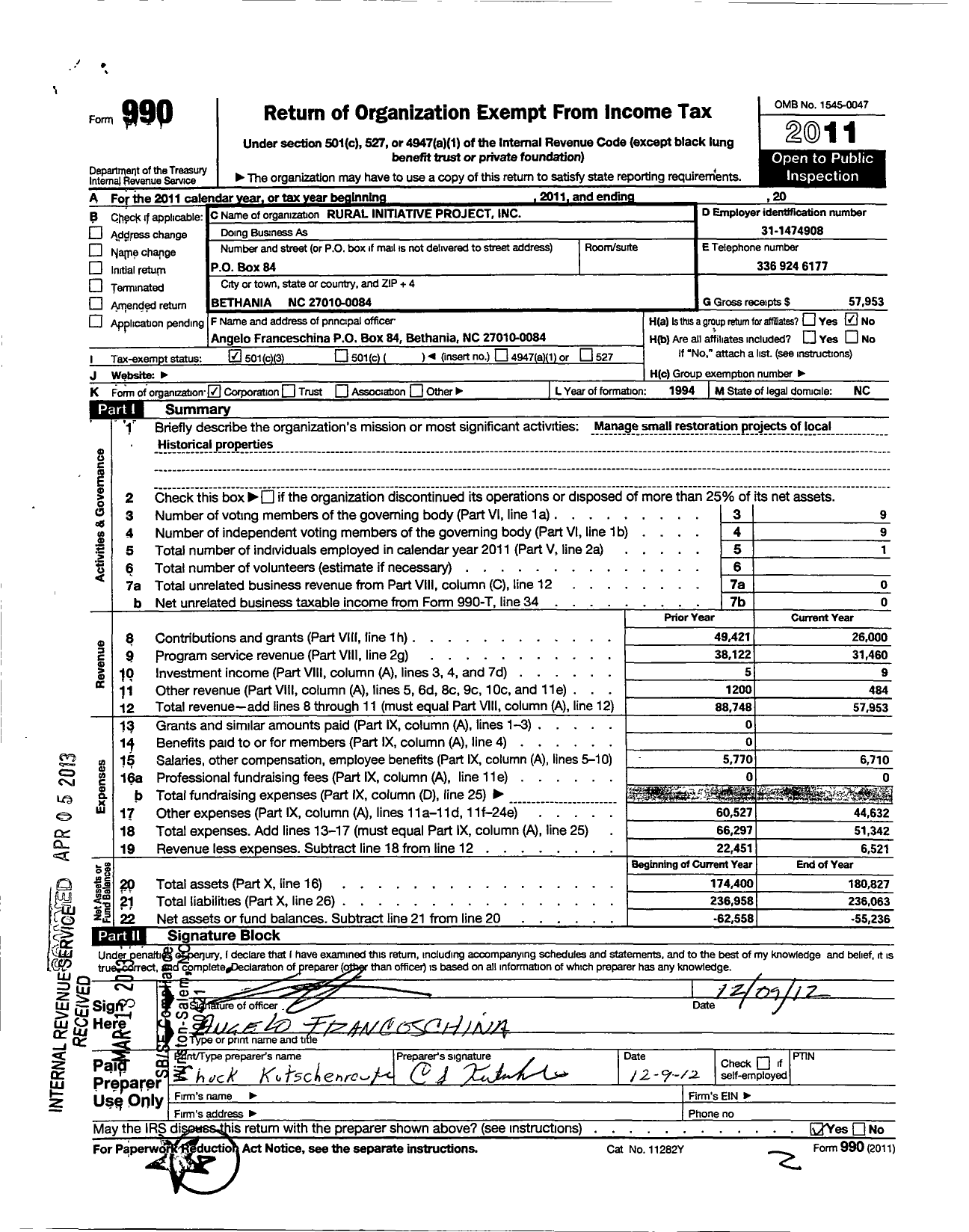 Image of first page of 2011 Form 990 for Rural Initiative Project