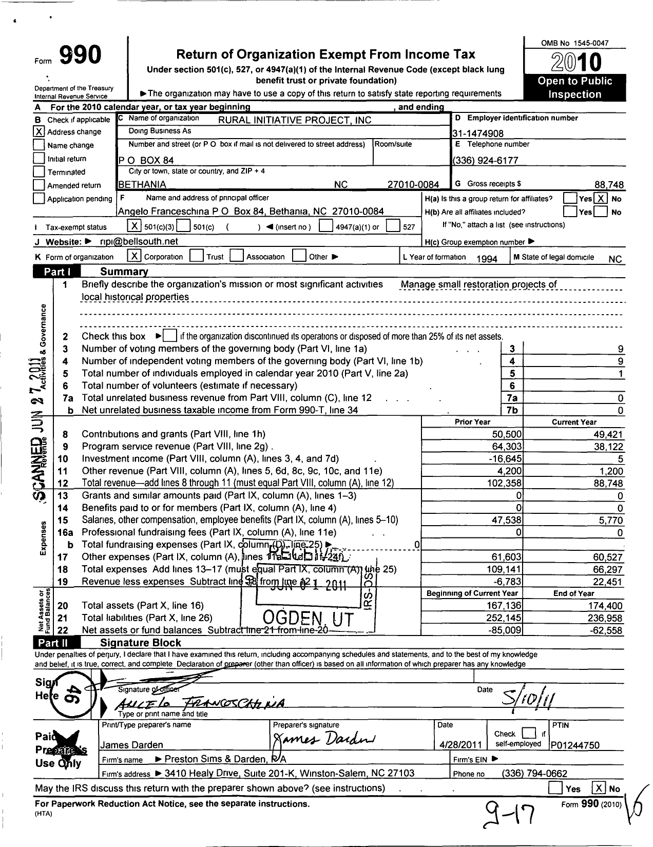 Image of first page of 2010 Form 990 for Rural Initiative Project