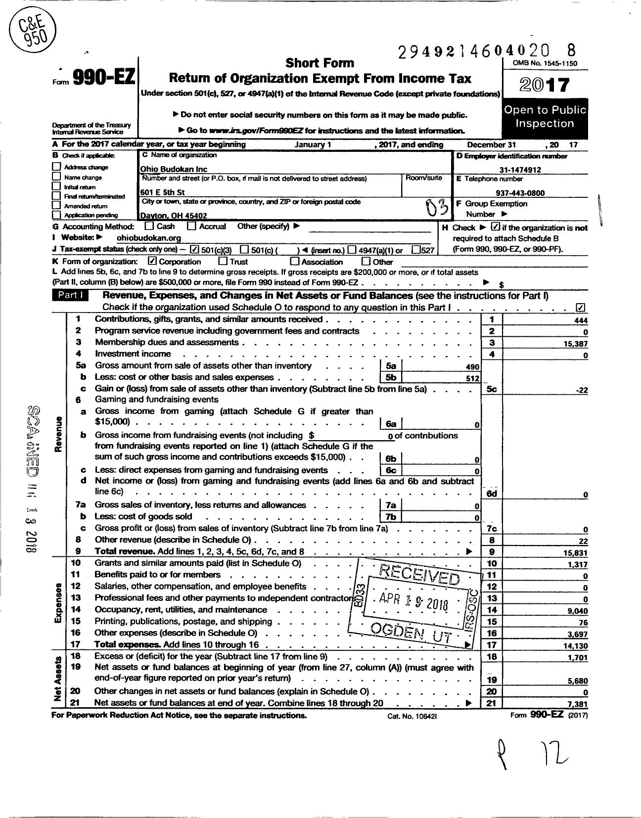 Image of first page of 2017 Form 990EZ for Ohio Budokan