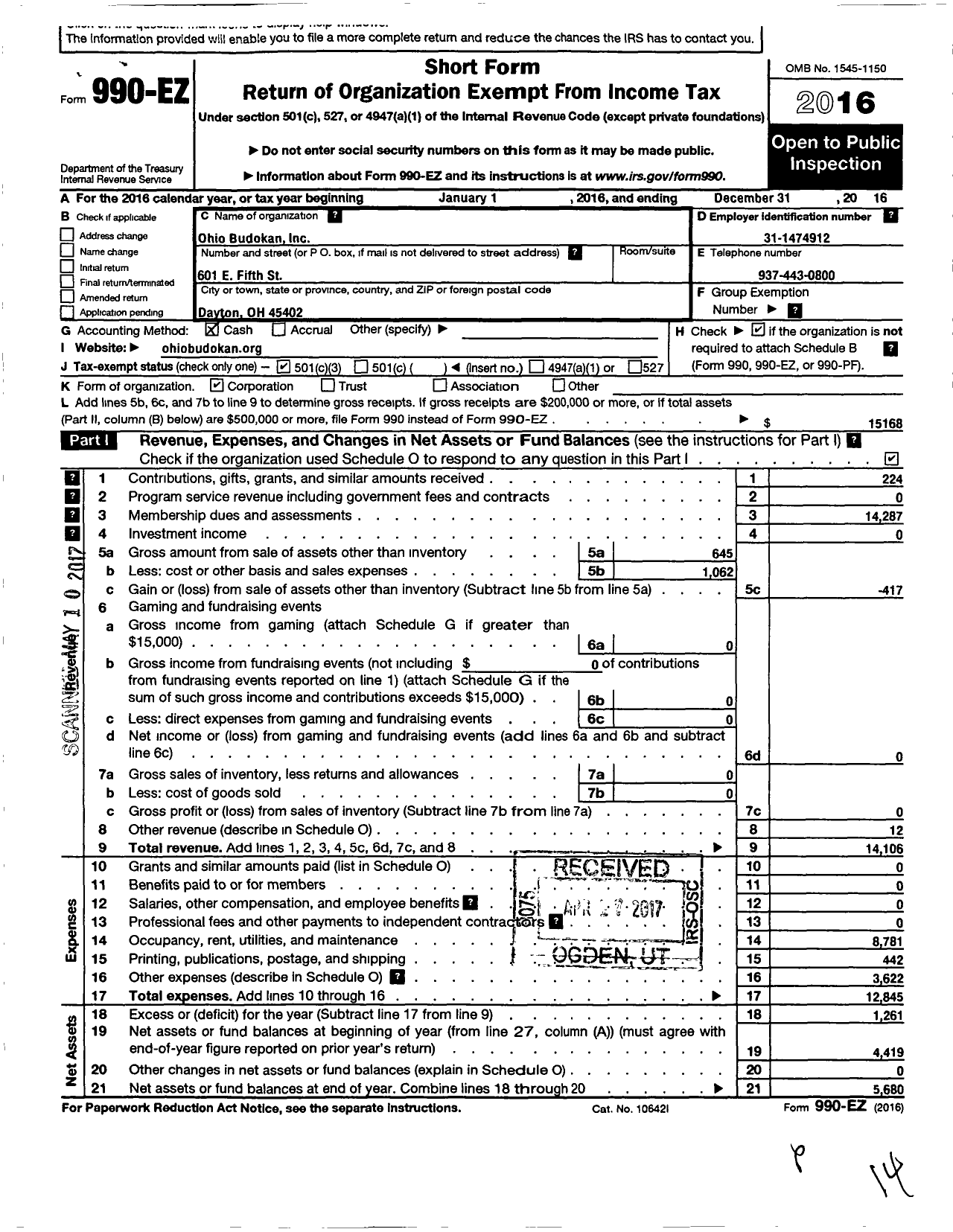 Image of first page of 2016 Form 990EZ for Ohio Budokan