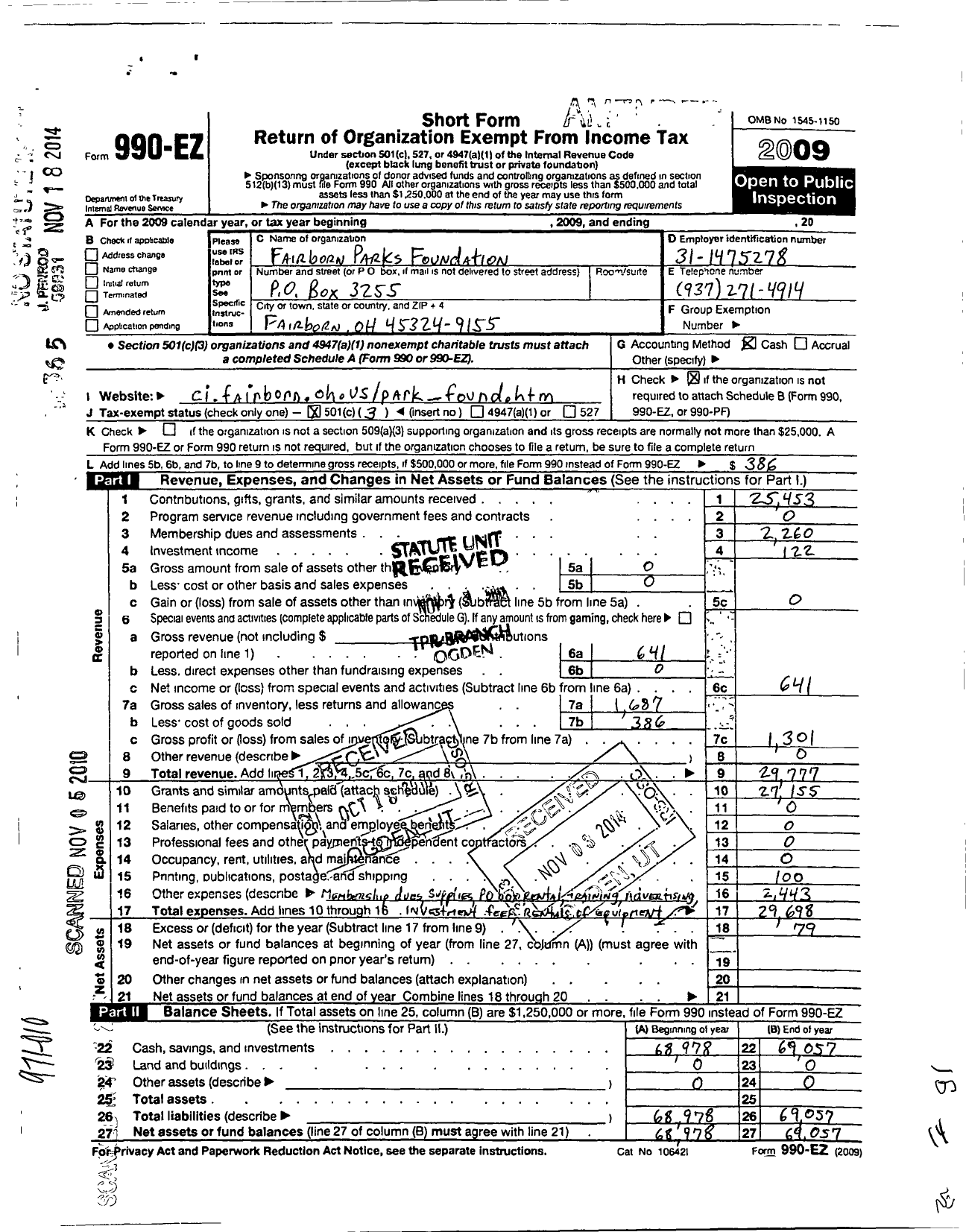 Image of first page of 2009 Form 990EZ for Fairborn Parks Foundation