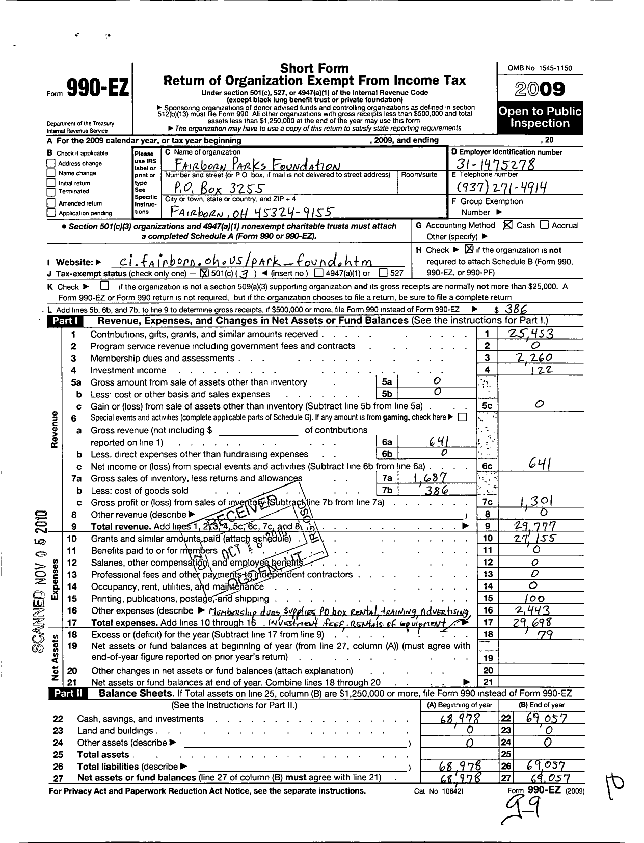 Image of first page of 2009 Form 990EZ for Fairborn Parks Foundation