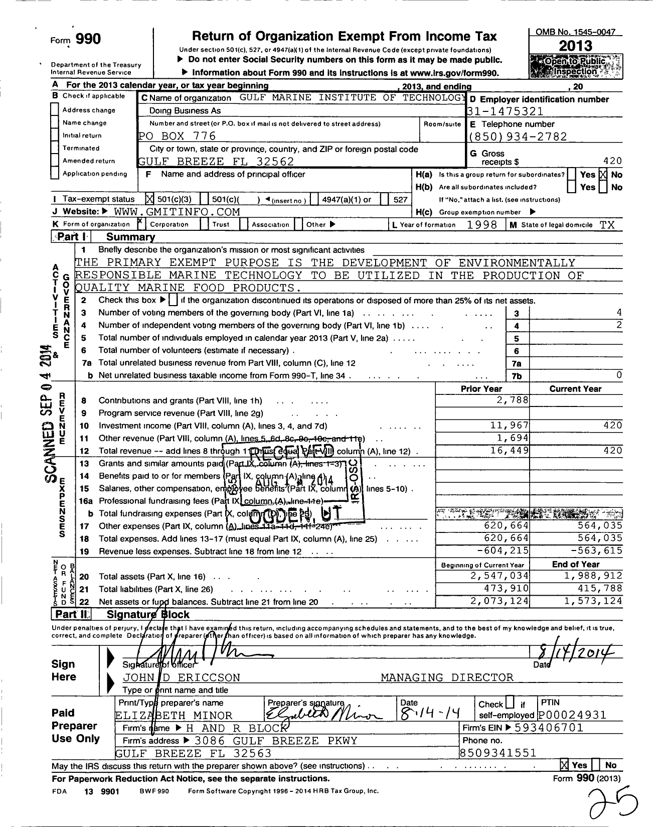 Image of first page of 2013 Form 990 for Gulf Marine Institute of Technology