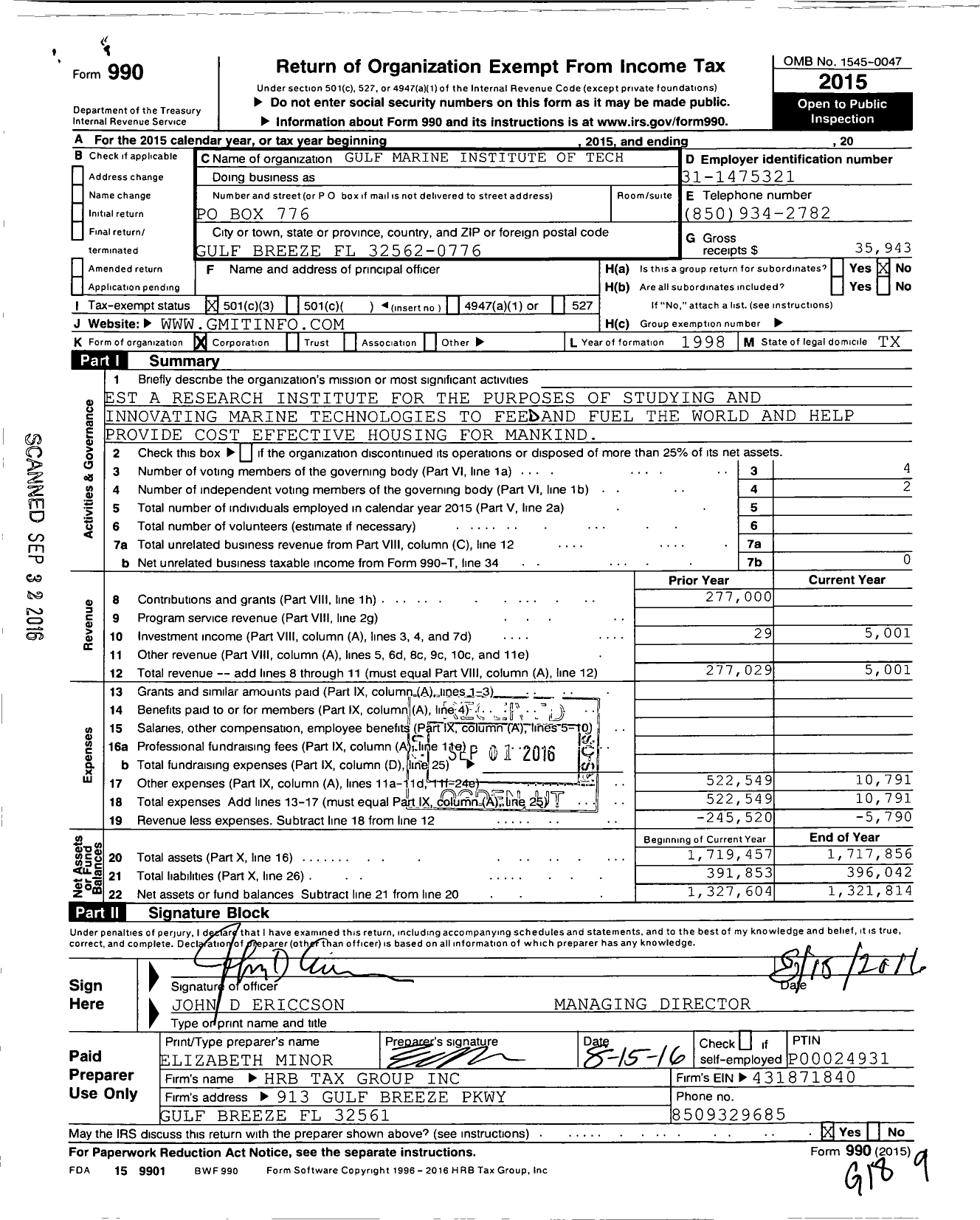 Image of first page of 2015 Form 990 for Gulf Marine Institute of Technology