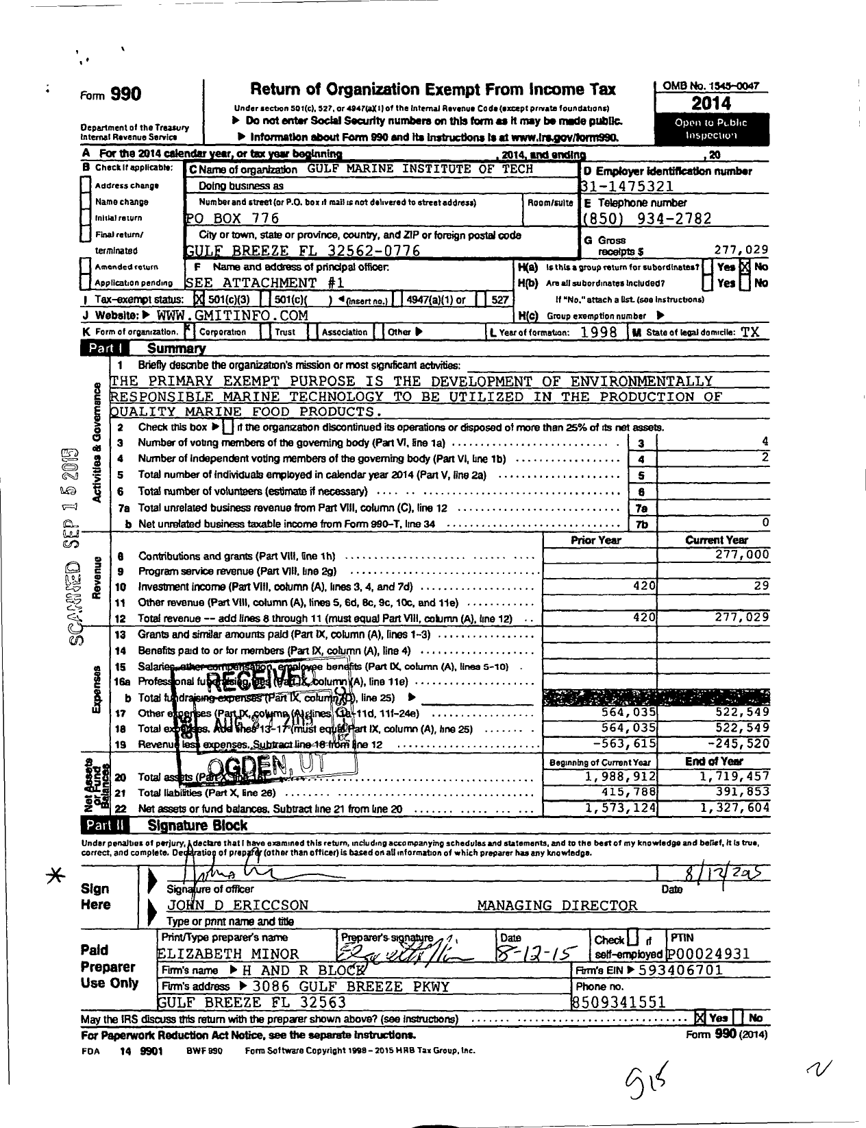 Image of first page of 2014 Form 990 for Gulf Marine Institute of Technology