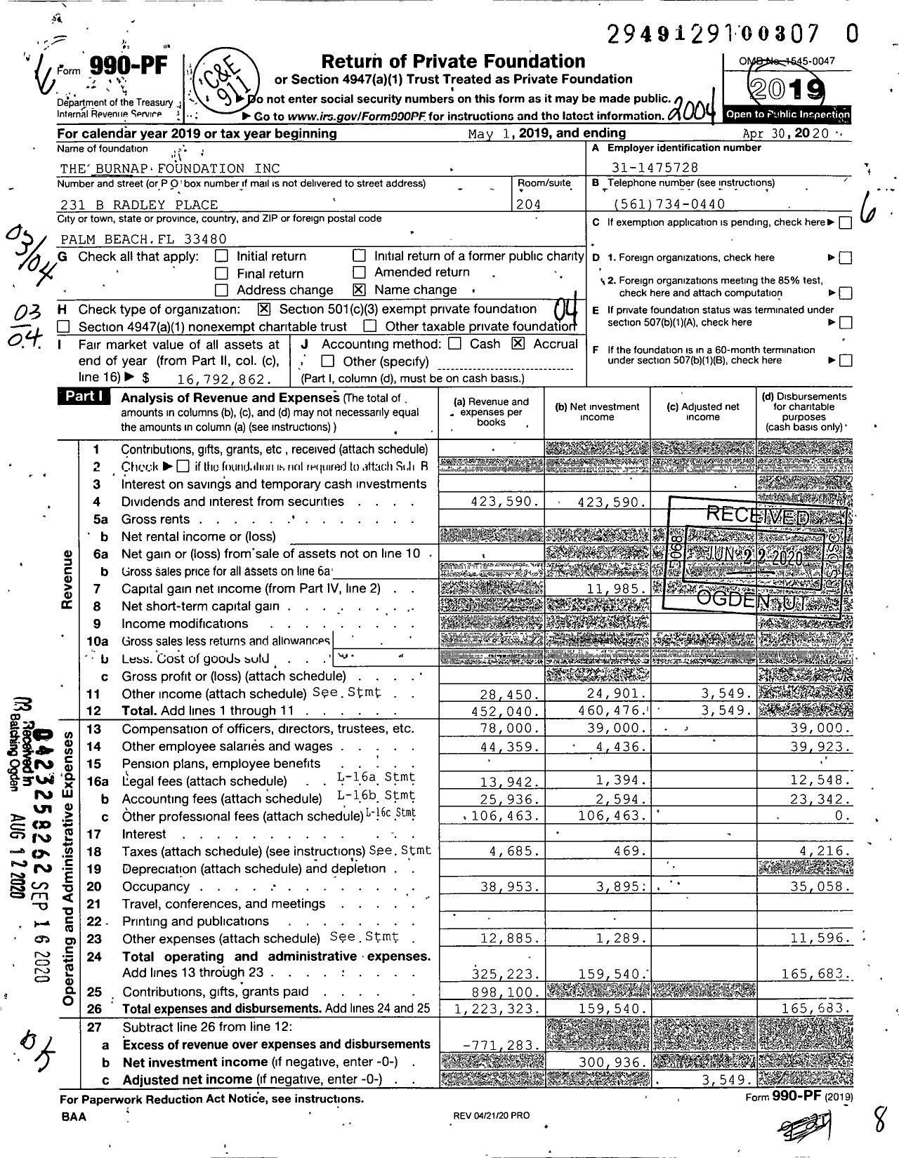 Image of first page of 2019 Form 990PF for The Burnap Foundation