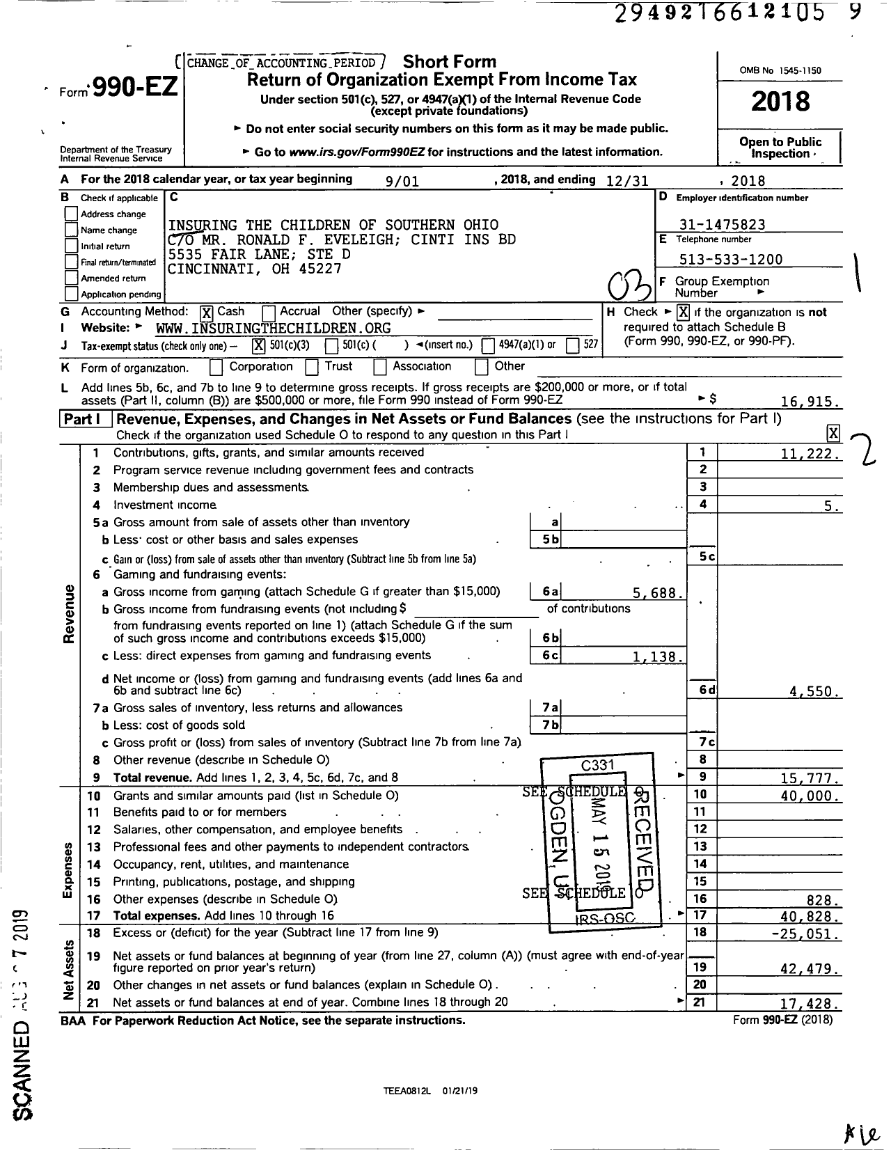 Image of first page of 2018 Form 990EZ for Insuring the Children of Southern Ohio