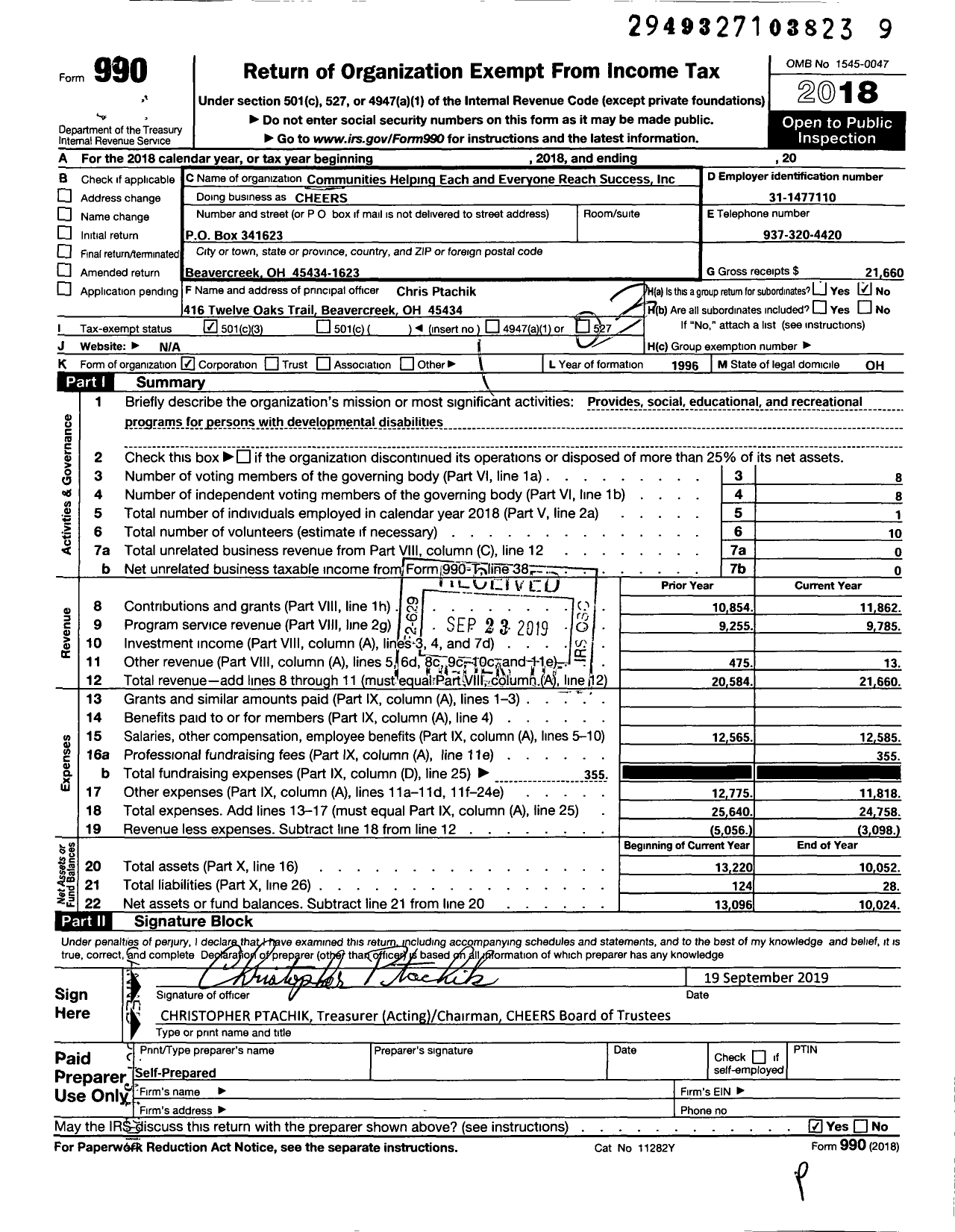 Image of first page of 2018 Form 990 for Communities Helping Each and Everyone Reach Success Cheers (CHEERS)