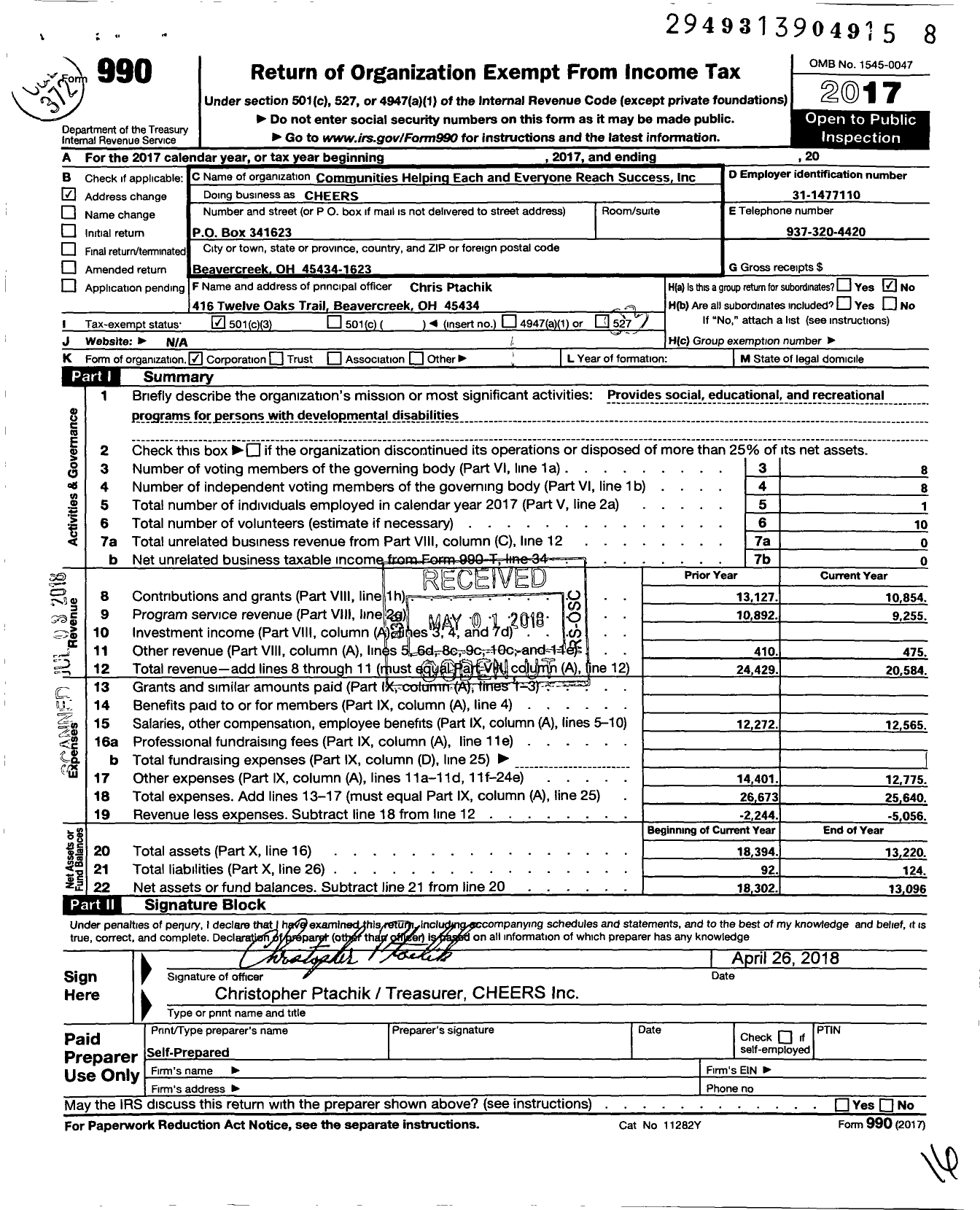 Image of first page of 2017 Form 990 for Communities Helping Each and Everyone Reach Success Cheers (CHEERS)