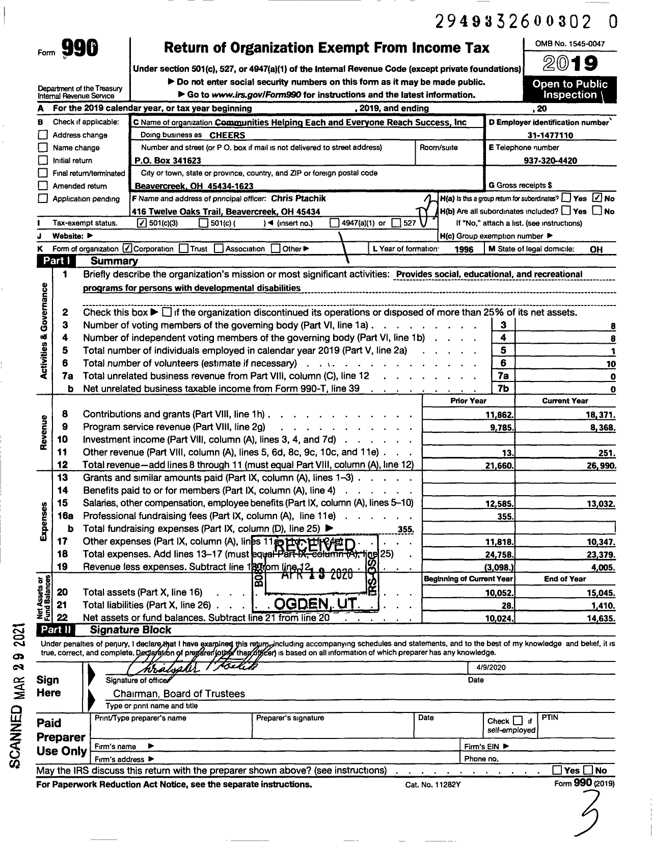 Image of first page of 2019 Form 990 for Communities Helping Each and Everyone Reach Success Cheers (CHEERS)