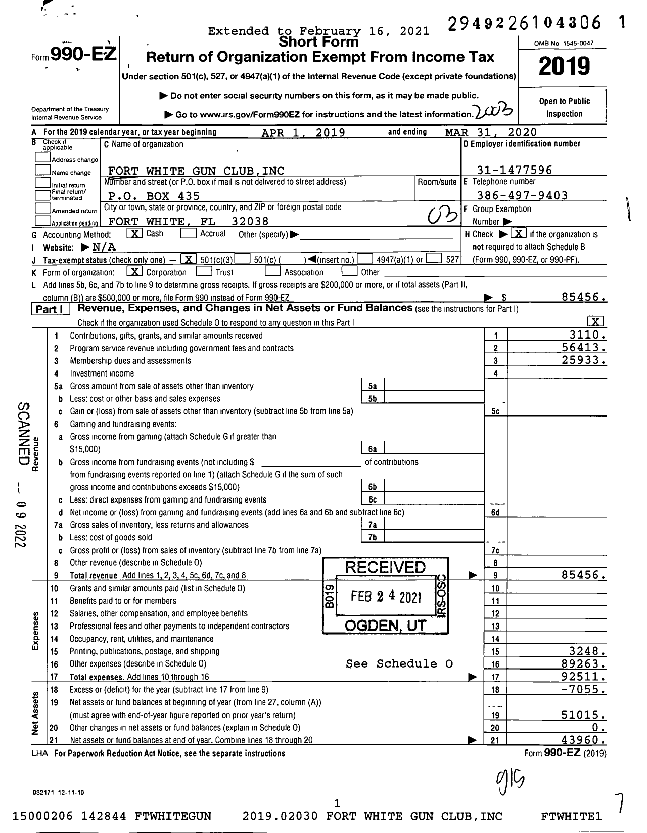 Image of first page of 2019 Form 990EZ for Fort White Gun Club