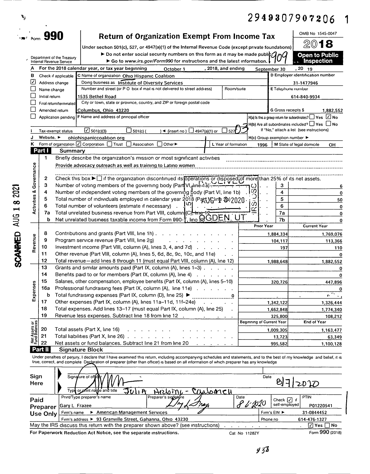 Image of first page of 2018 Form 990 for Institute of Diversity Services (OHCO)