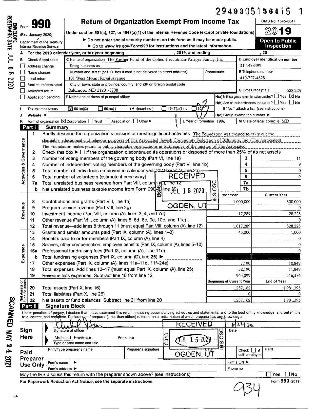 Image of first page of 2019 Form 990 for The Kesher Fund of Cohen-Fruchtman -krieger Family