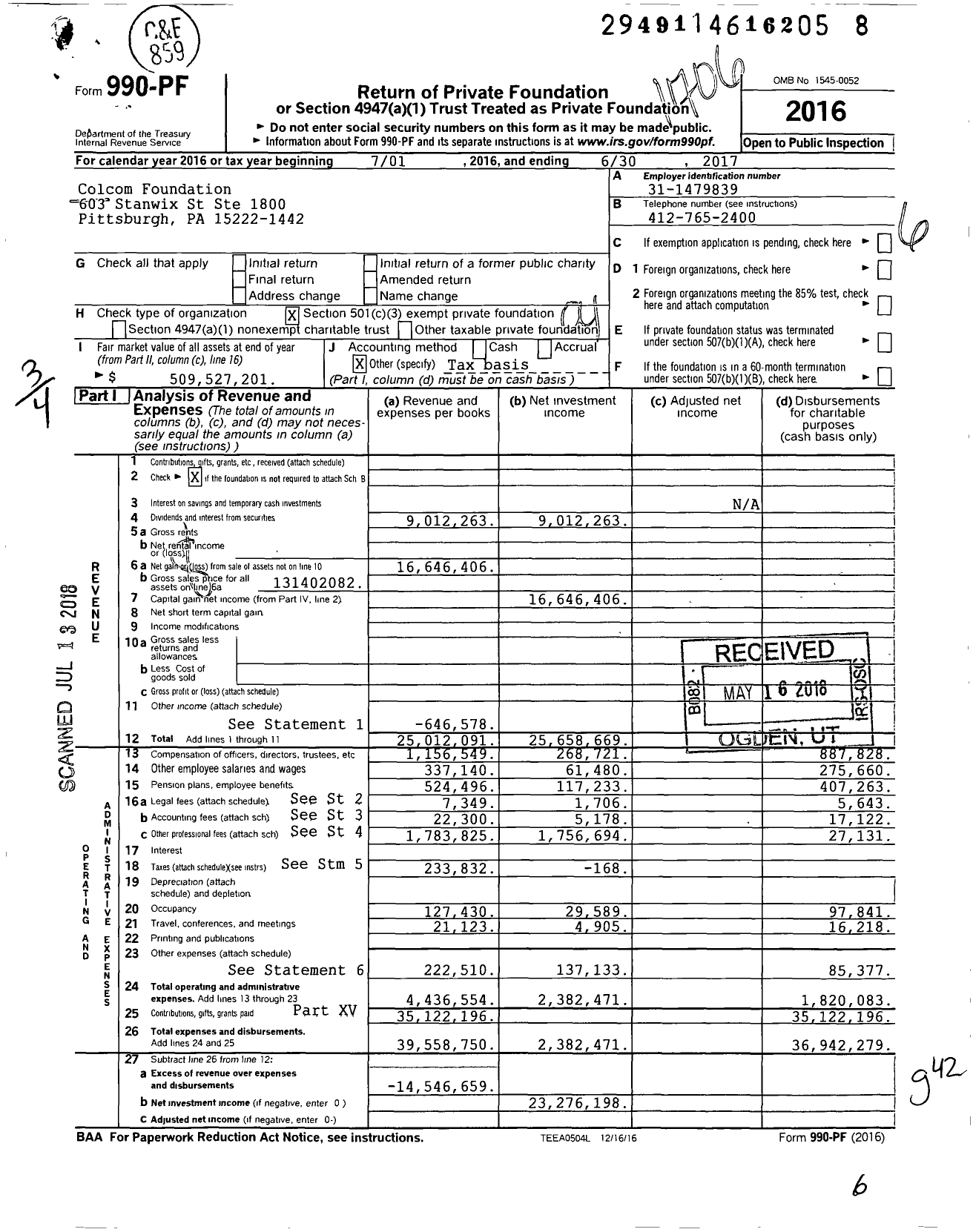 Image of first page of 2016 Form 990PF for Colcom Foundation