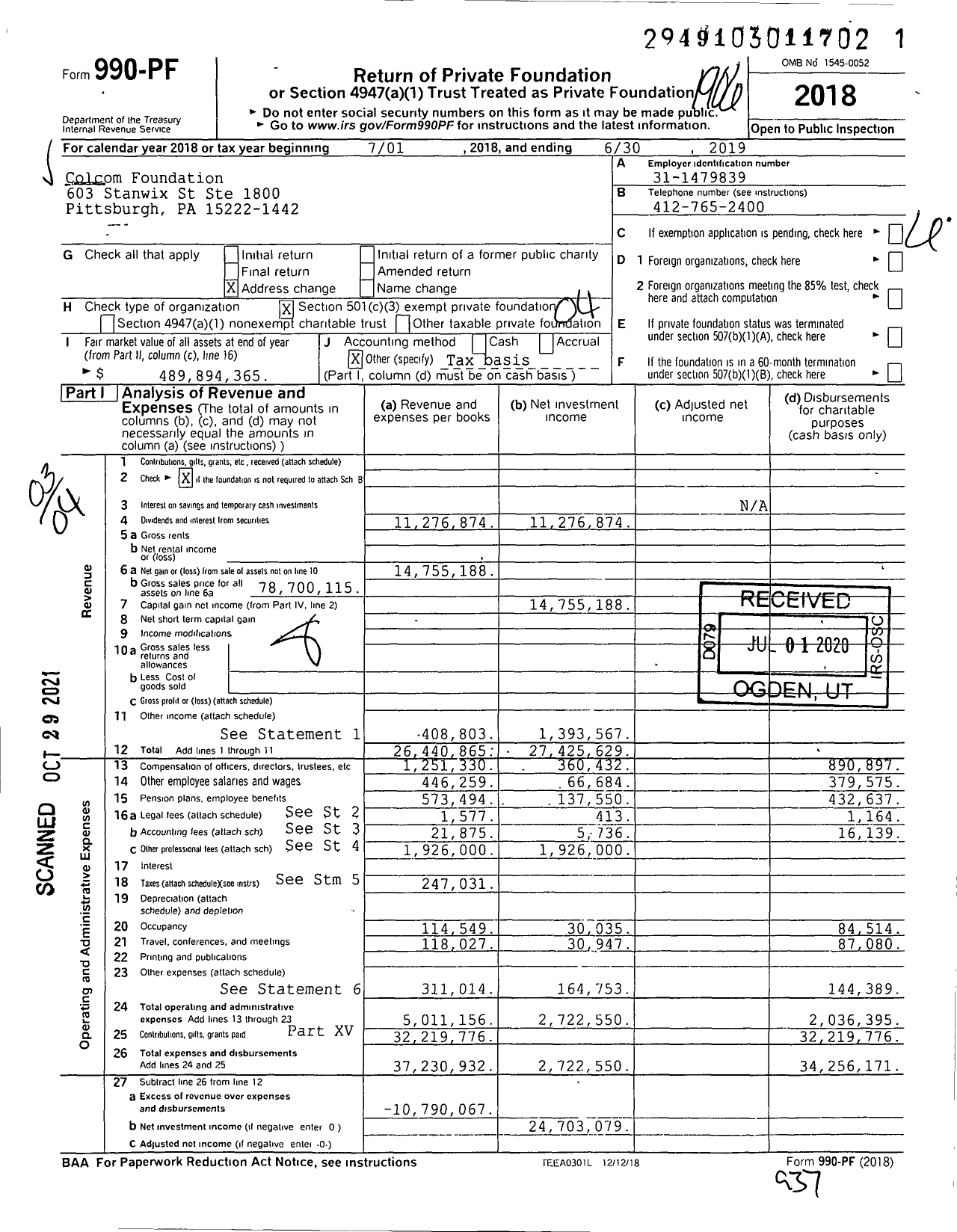 Image of first page of 2018 Form 990PF for Colcom Foundation