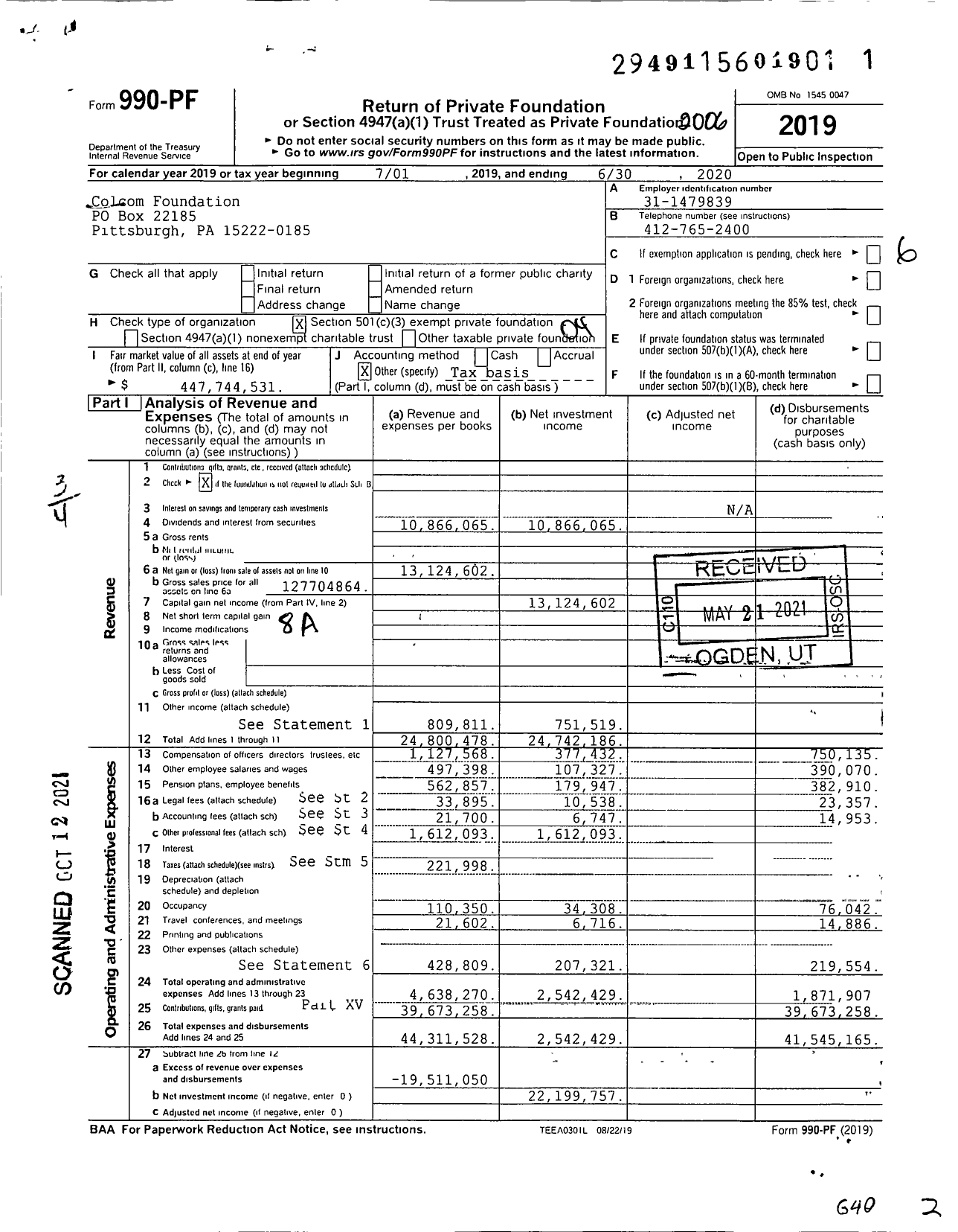 Image of first page of 2019 Form 990PF for Colcom Foundation