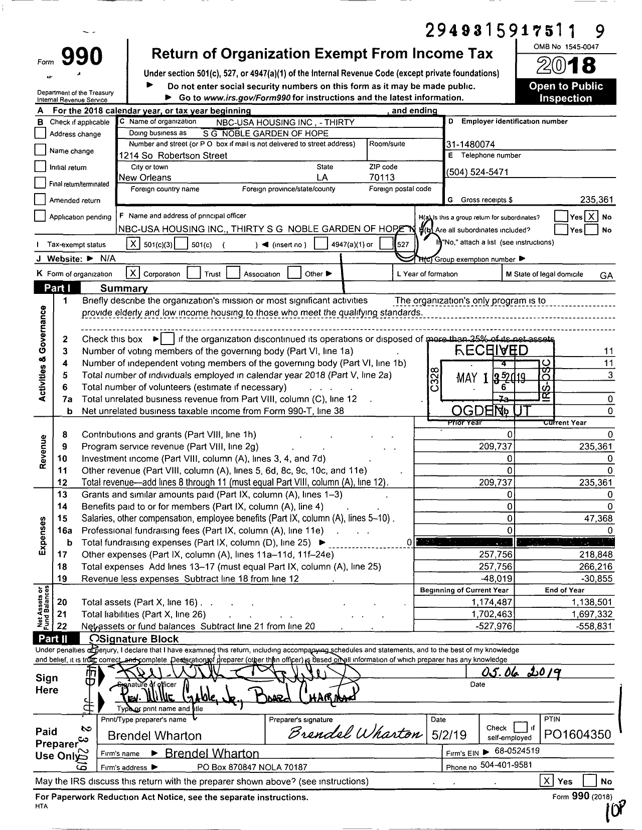 Image of first page of 2018 Form 990 for Nbc-Usa Housing Thirty