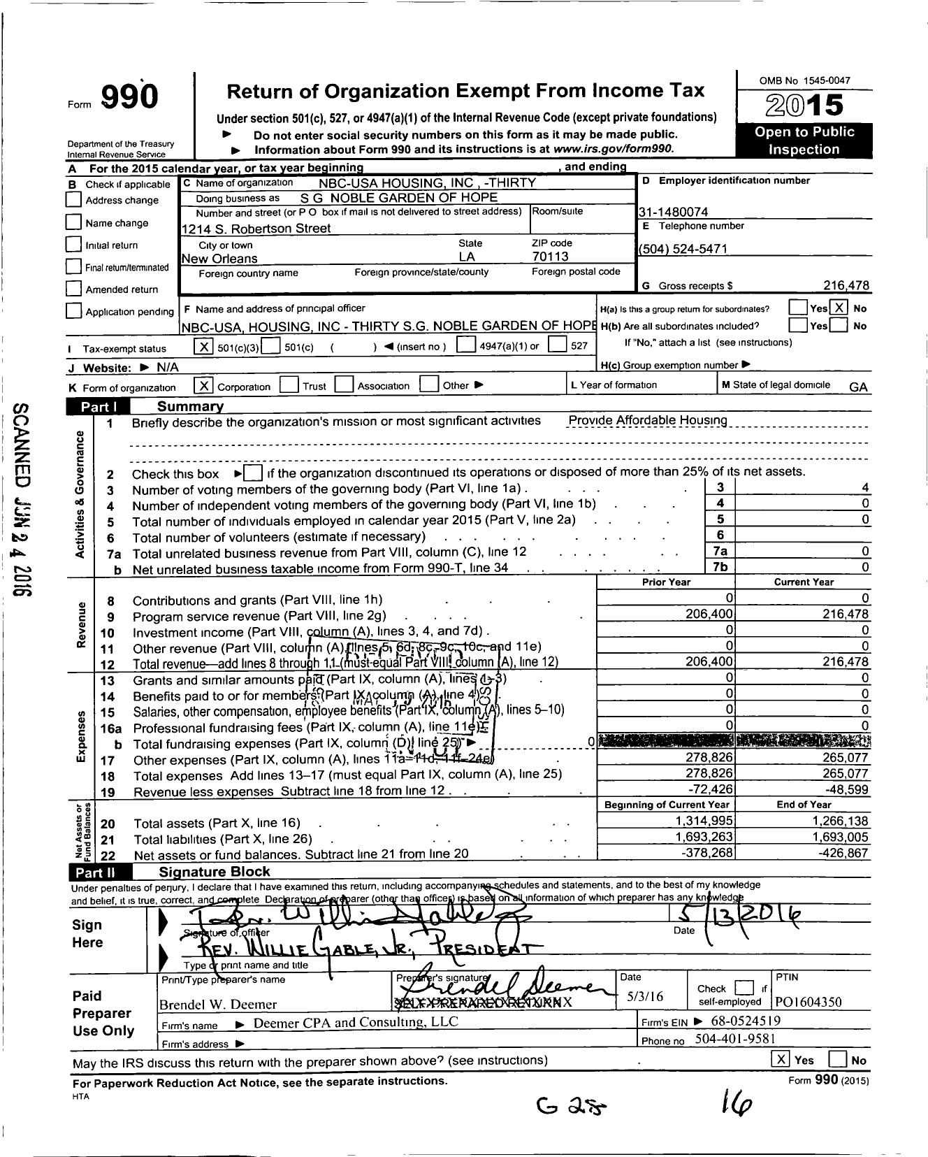 Image of first page of 2015 Form 990 for Nbc-Usa Housing Thirty