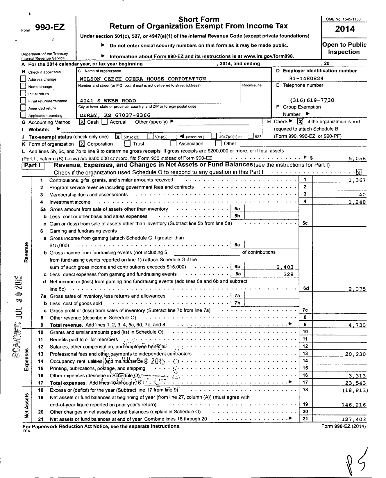 Image of first page of 2014 Form 990EZ for Wilson Czech Opera House Corporation