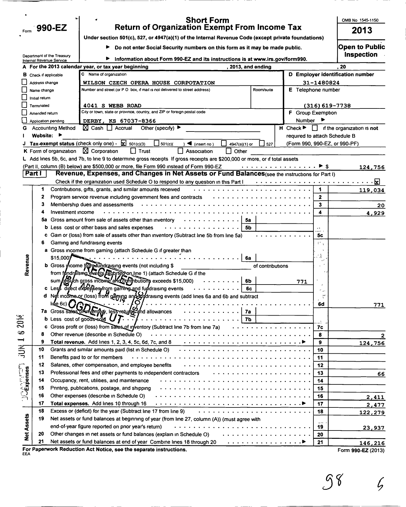 Image of first page of 2013 Form 990EZ for Wilson Czech Opera House Corporation