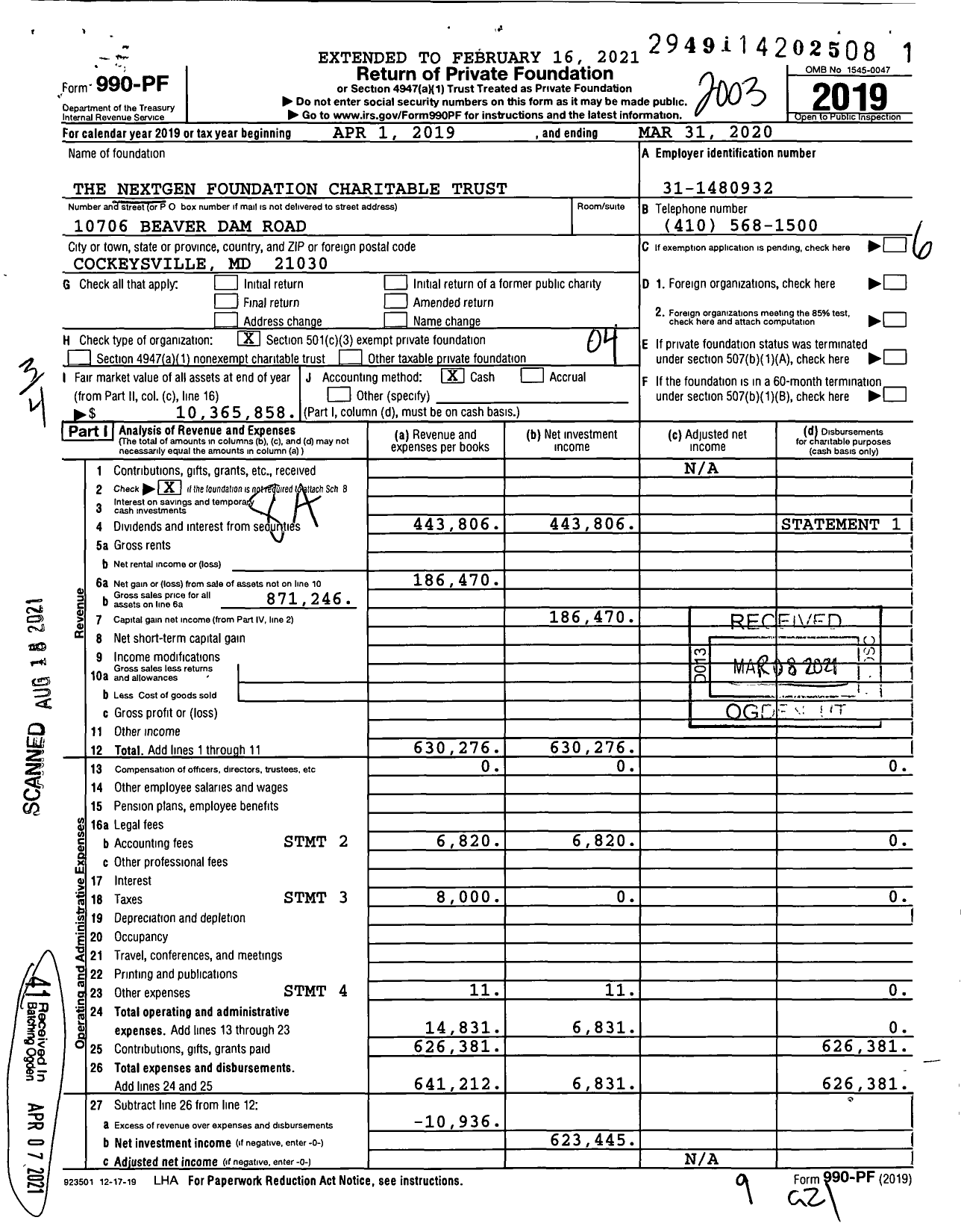 Image of first page of 2019 Form 990PF for The Nextgen Foundation Charitable Trust