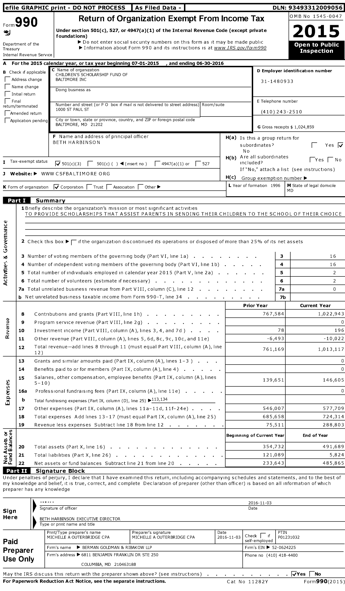 Image of first page of 2015 Form 990 for Children's Scholarship Fund Baltimore