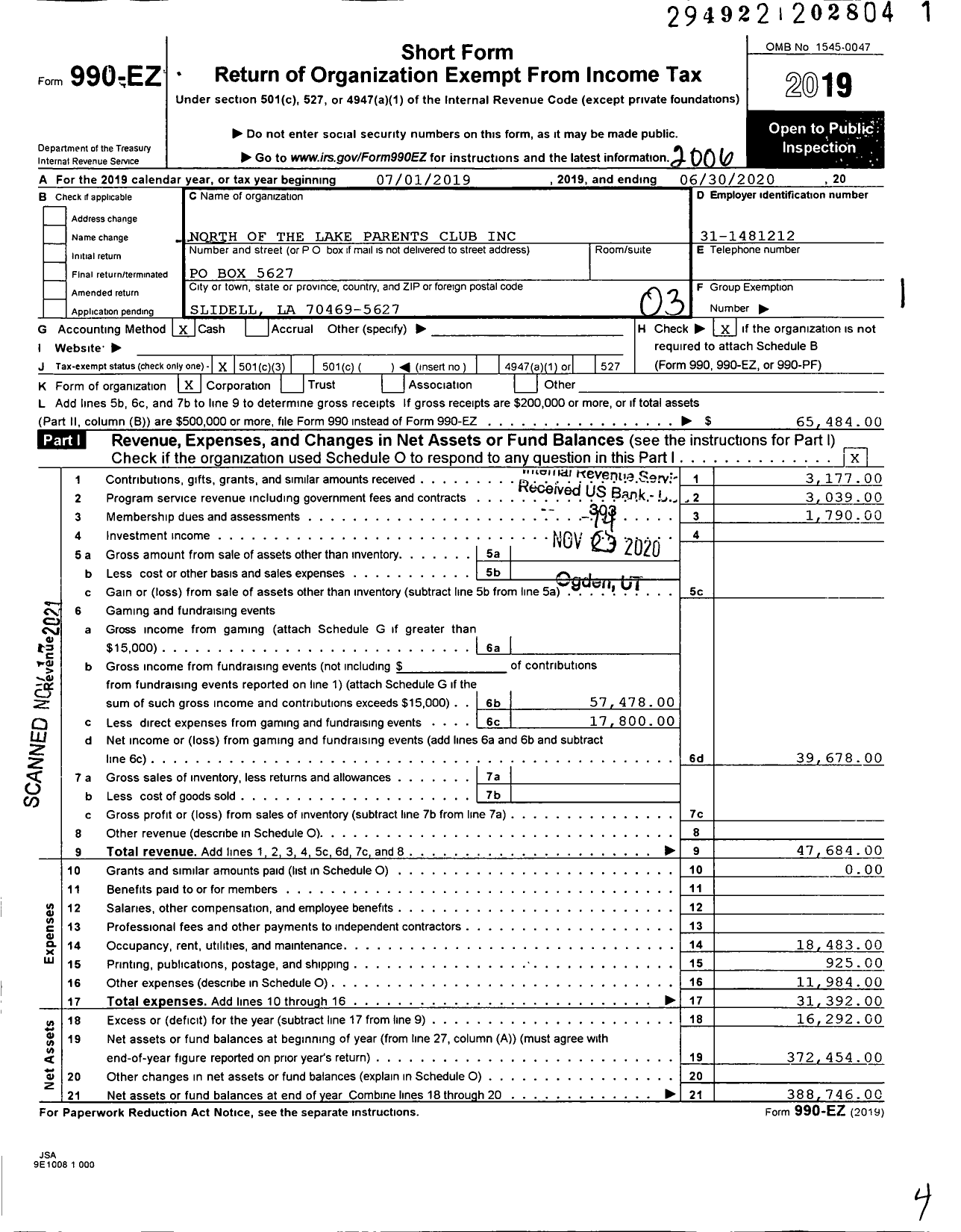 Image of first page of 2019 Form 990EZ for North of the Lake Parents Club